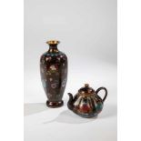 Vase and miniatue teapot. Japan, Meiji period, 19th century. Metal with polychrome