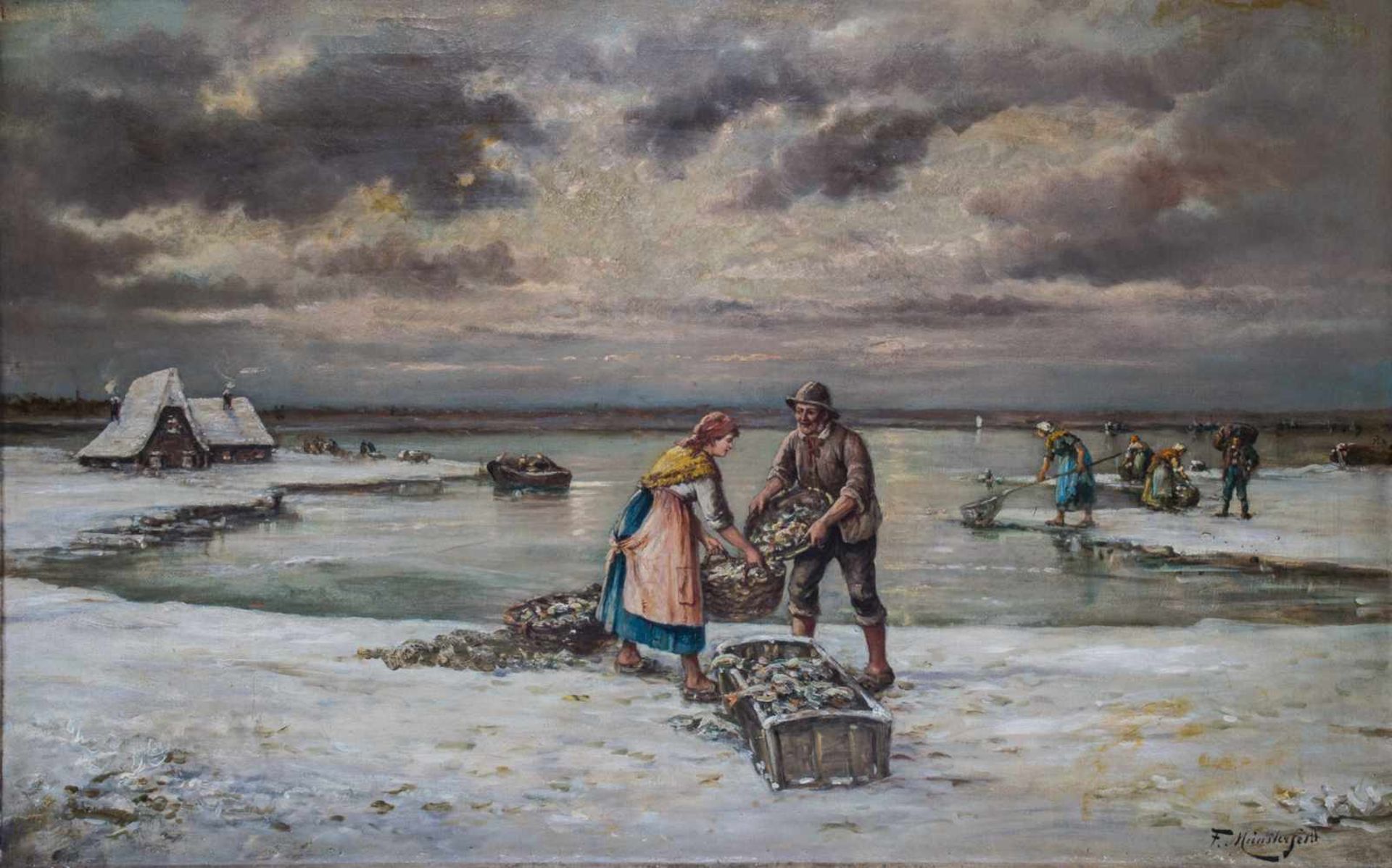 Winter coastline with ice fishing. Oil on canvas, minor wear. Signed lower right. Framed.130 x 82