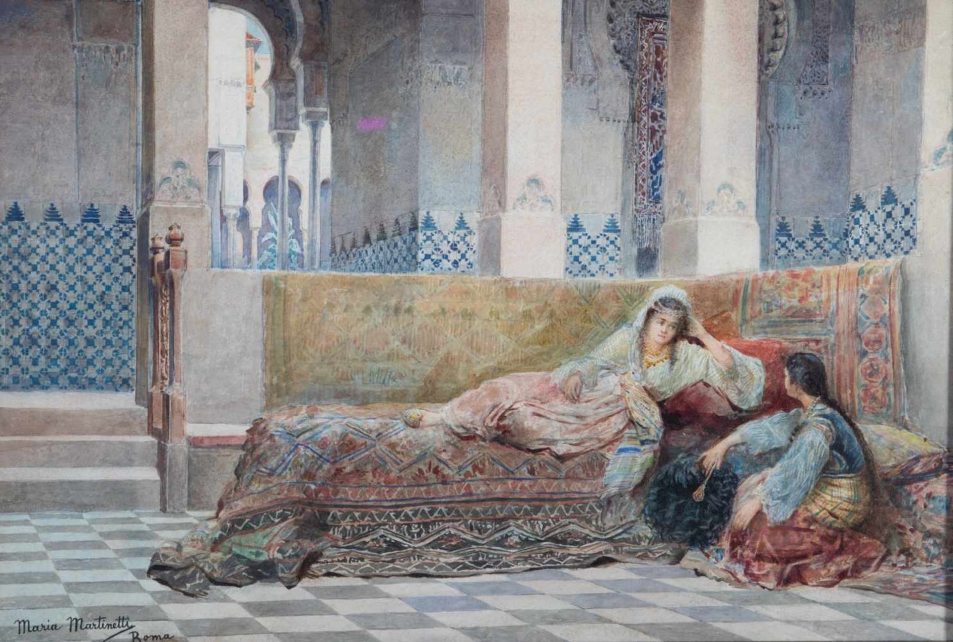 Maria Martinetti (1864 Italy - 1921 USA). Oriental interior scene with two harem ladies.Watercolor