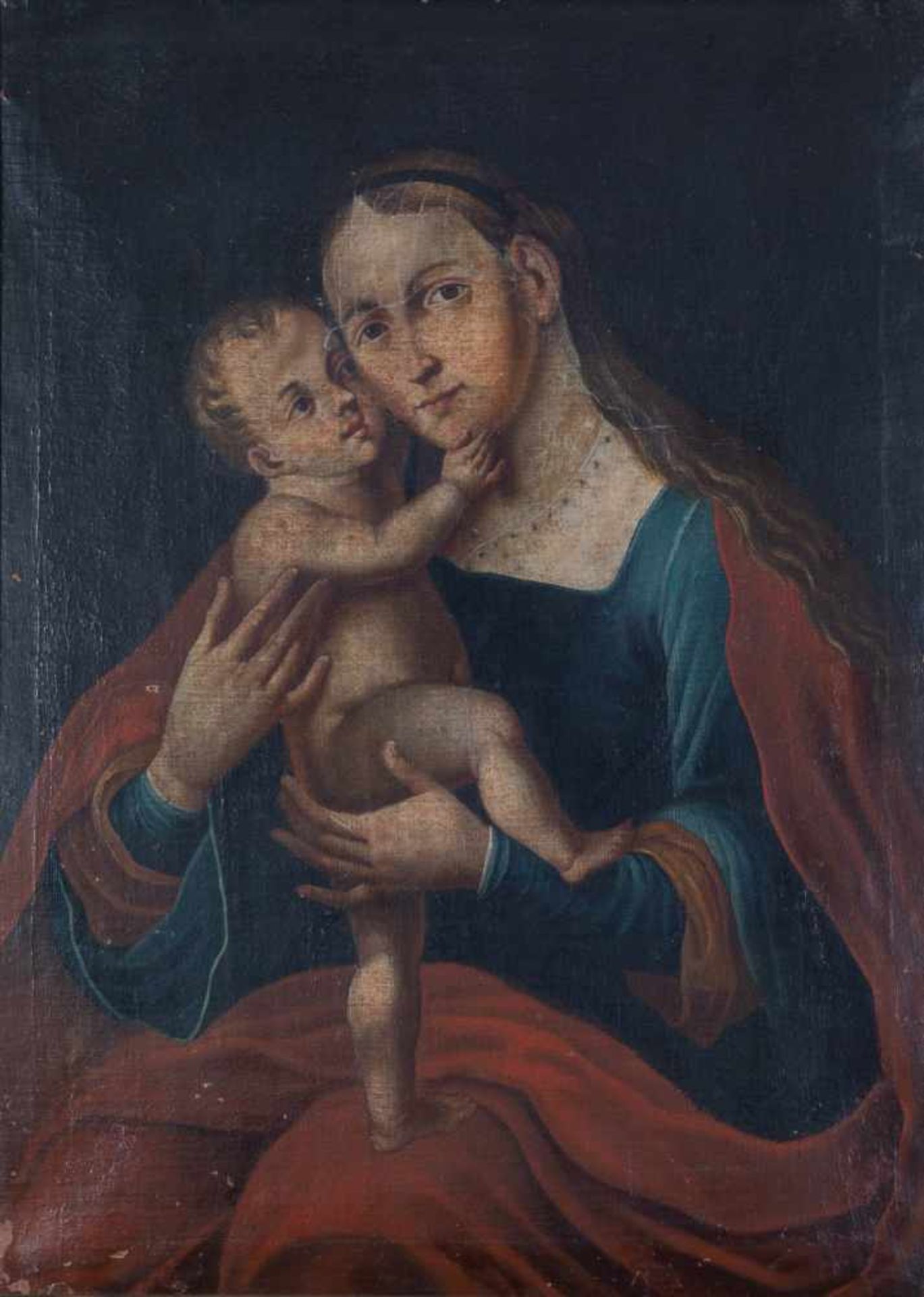 HeiligenmalerWohl süddeutsch 18. Jahrhundert Maria mit Jesuskind. Öl auf Leinwand, doubliert, besch.