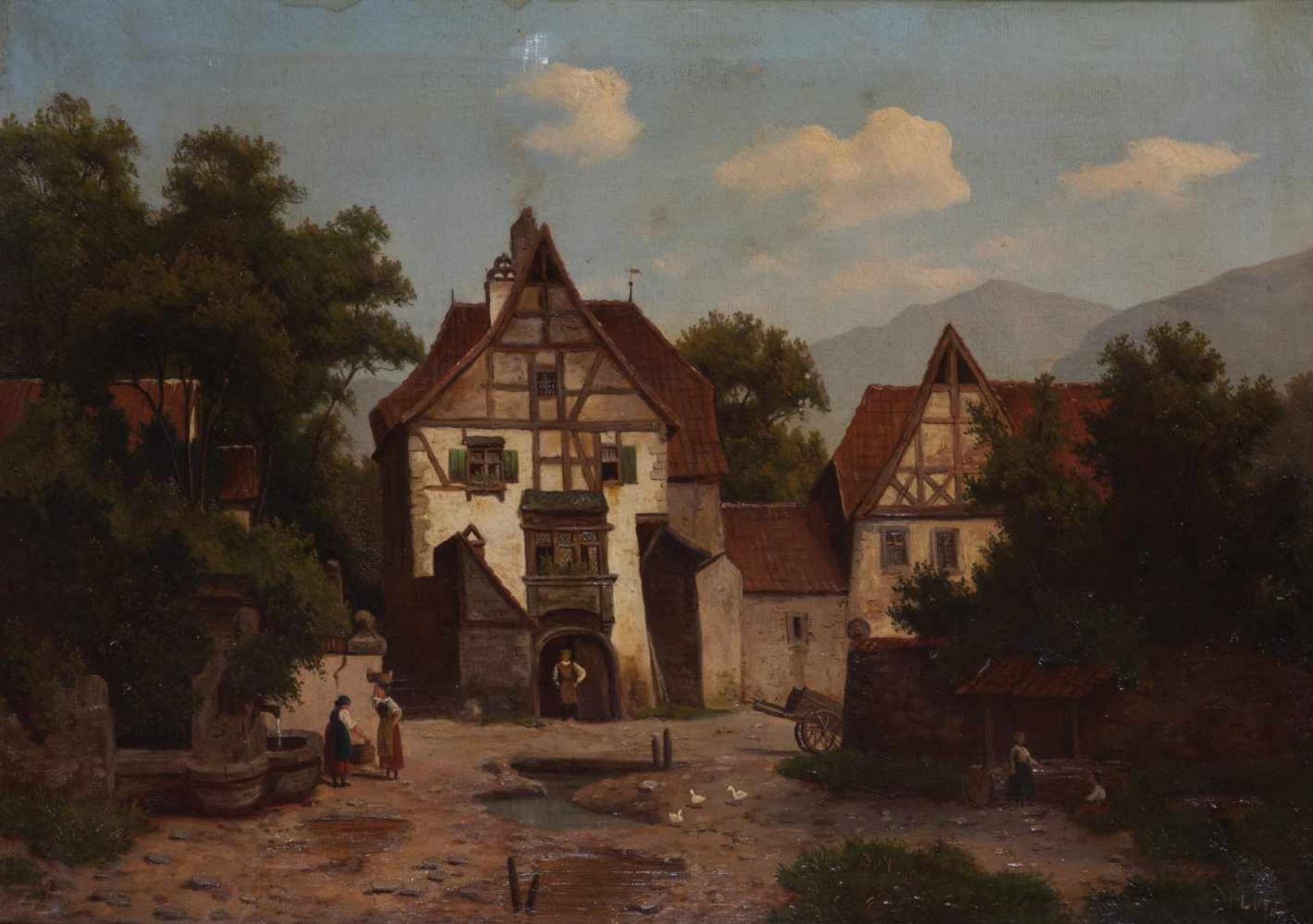 Eduard Herrmann Lotz1818 Düsseldorf - 1890 ebenda Ansicht eines Fachwerkgehöfts. Öl auf Leinwand,