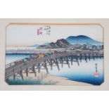 Nach Utagawa Hiroshige1797 Edo - 1858 Japan Brücke über den Yahagi-Fluss. Colorierte Grafik.