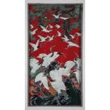 paint panel. China, after 1900. Detailed cranes on a red background. Lacquer painting.47.5 x 24