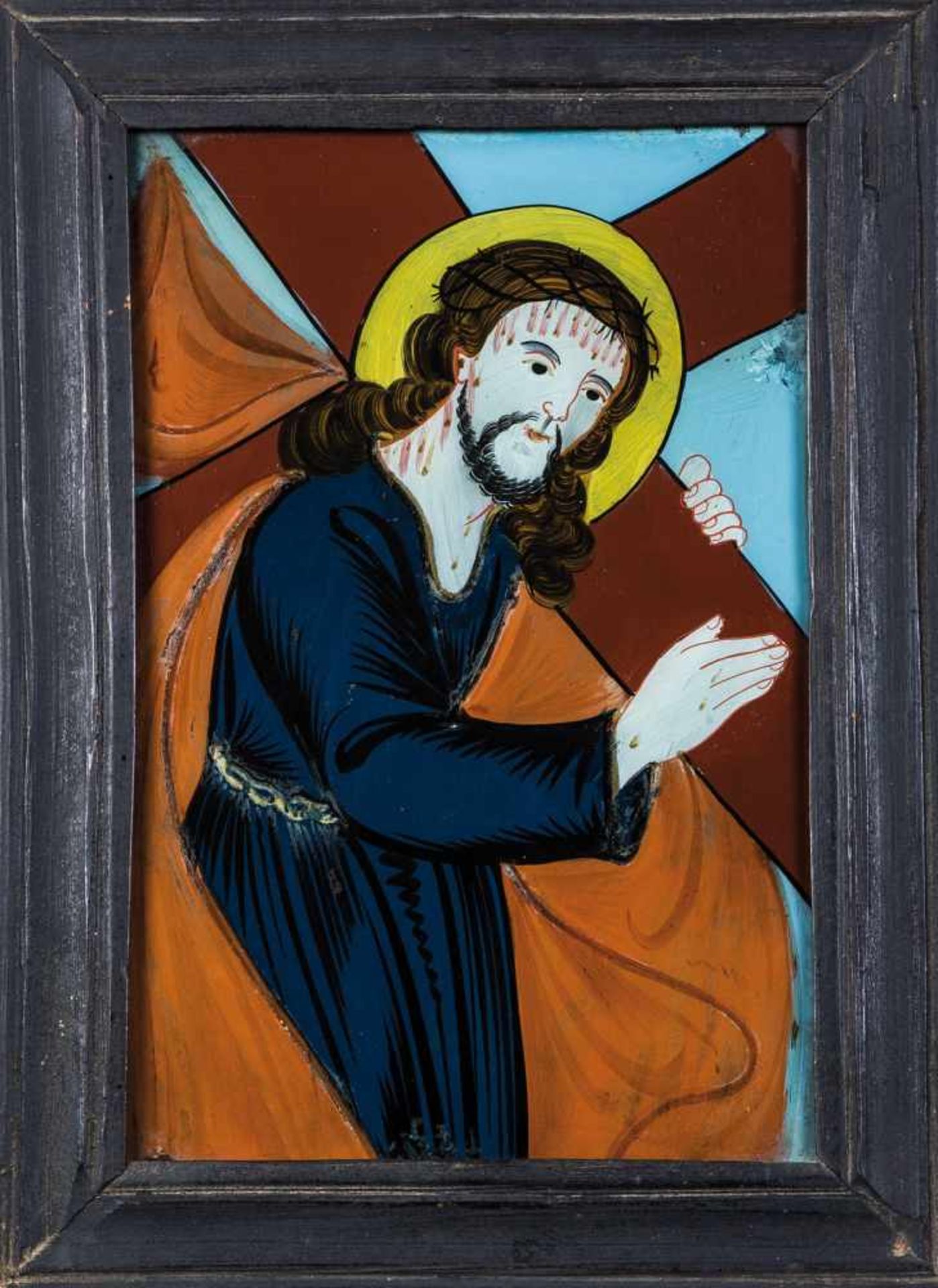 Hinterglasbild mit dem das Kreuz tragenden JesusSandl, 2. Drittel 19. Jh. Sog. Kreuzschlepper. In