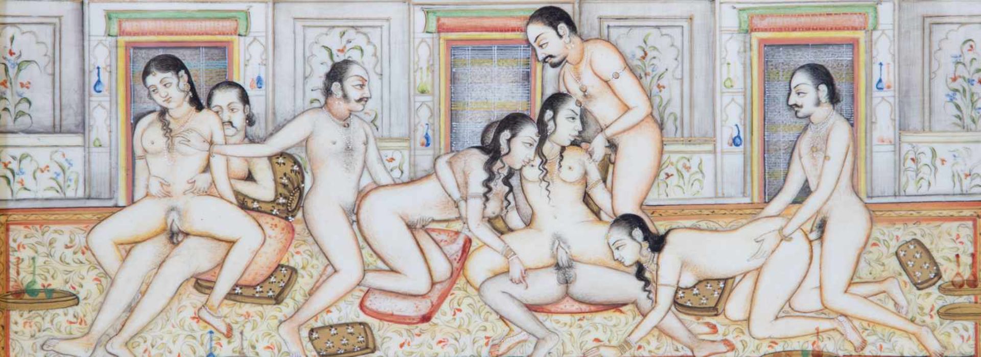 Erotic scene. India, probably 19th century. Representation of eight couples in the act oflove.