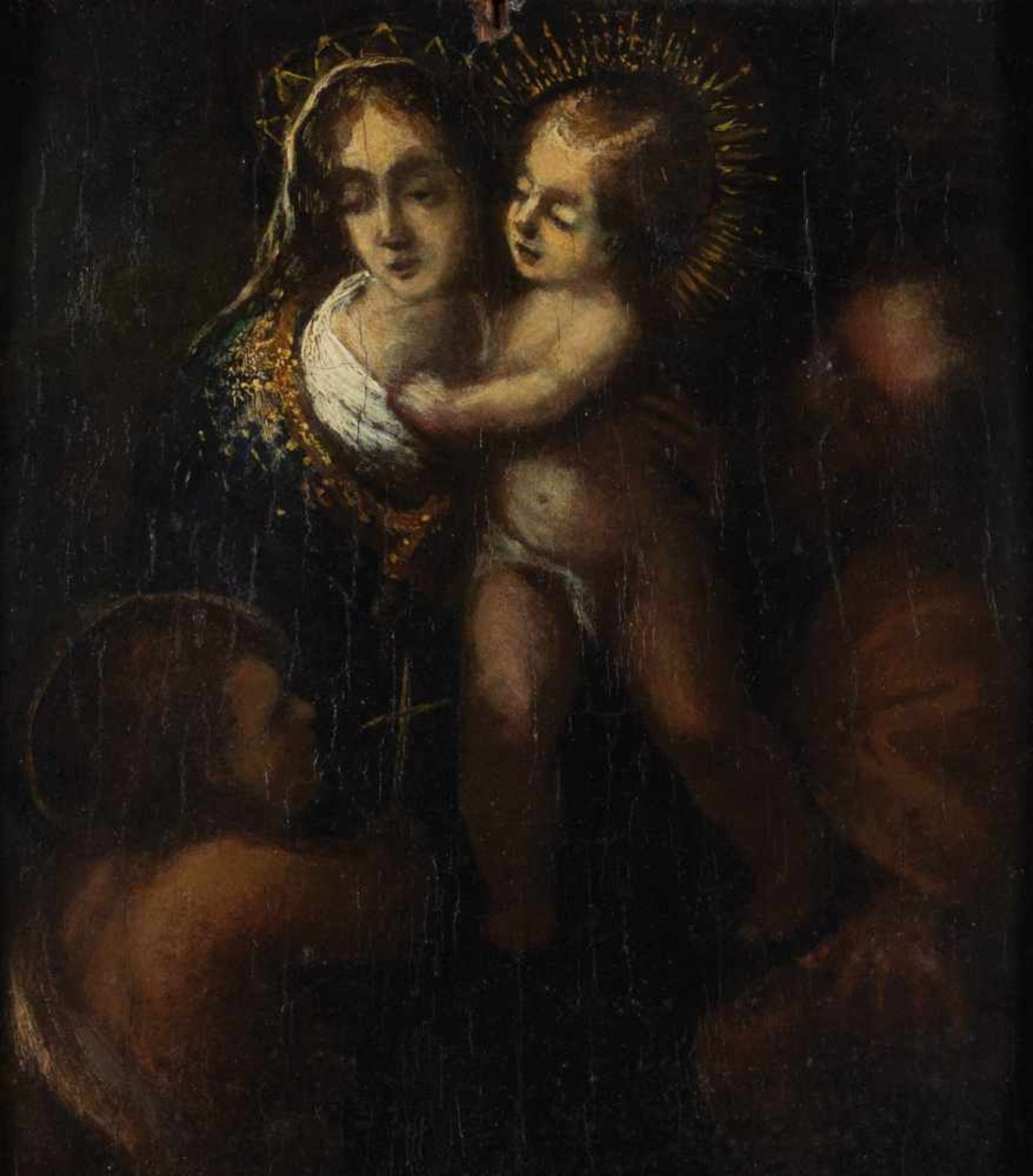HeiligenmalerDeutsch, 18. Jahrhundert Heilige Familie mit dem Heiligen Johannes. Öl auf Holz, besch.