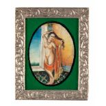 Miniature. India, 19th century. Standing, female nude. Gouache on ivory. 4.5 x 3.5 cm.Framed. Please