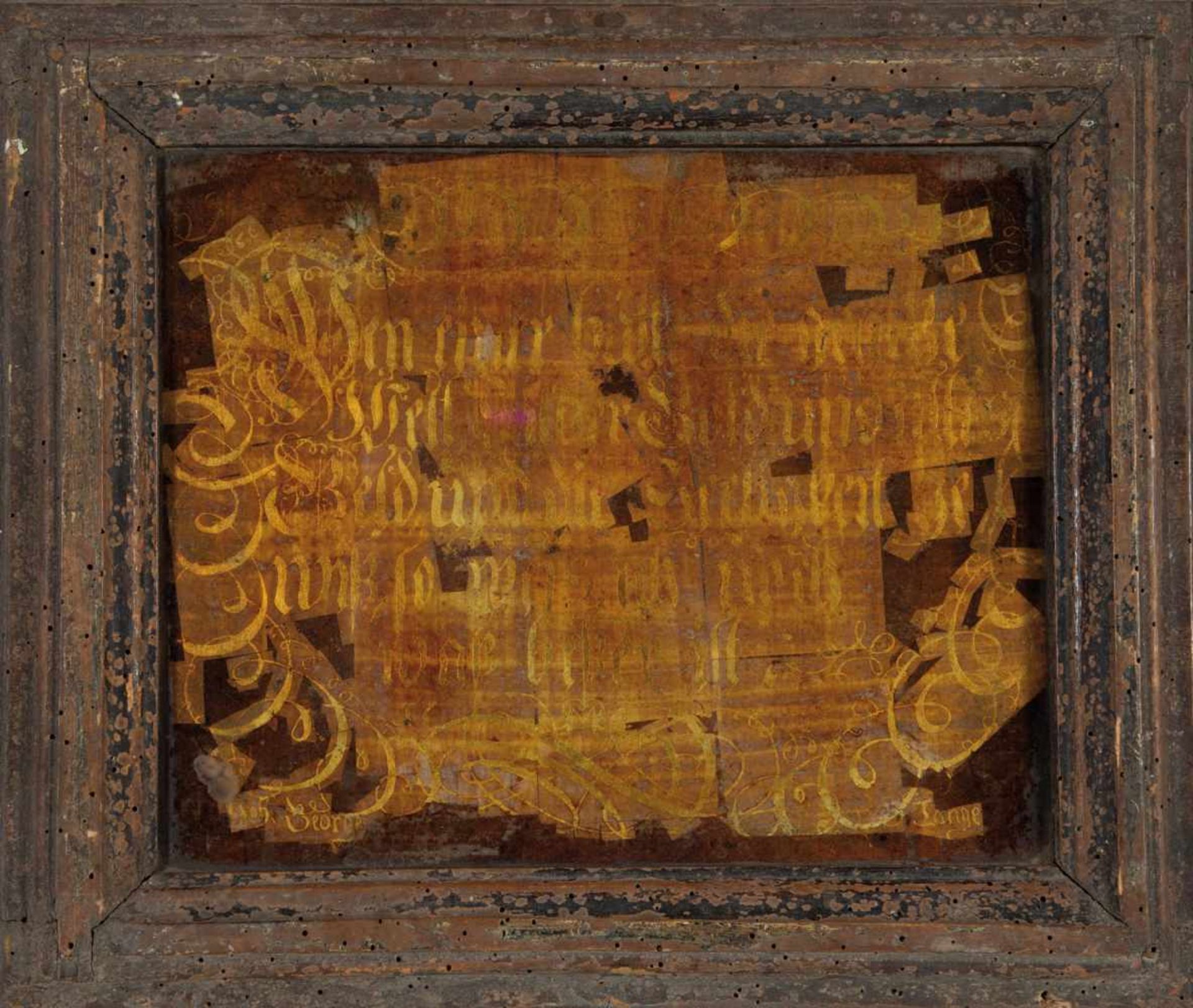 Spruchbildsigniert und datiert "Joh. George Lange 1726" Hinterglas in Goldfolie vor braunem Grund