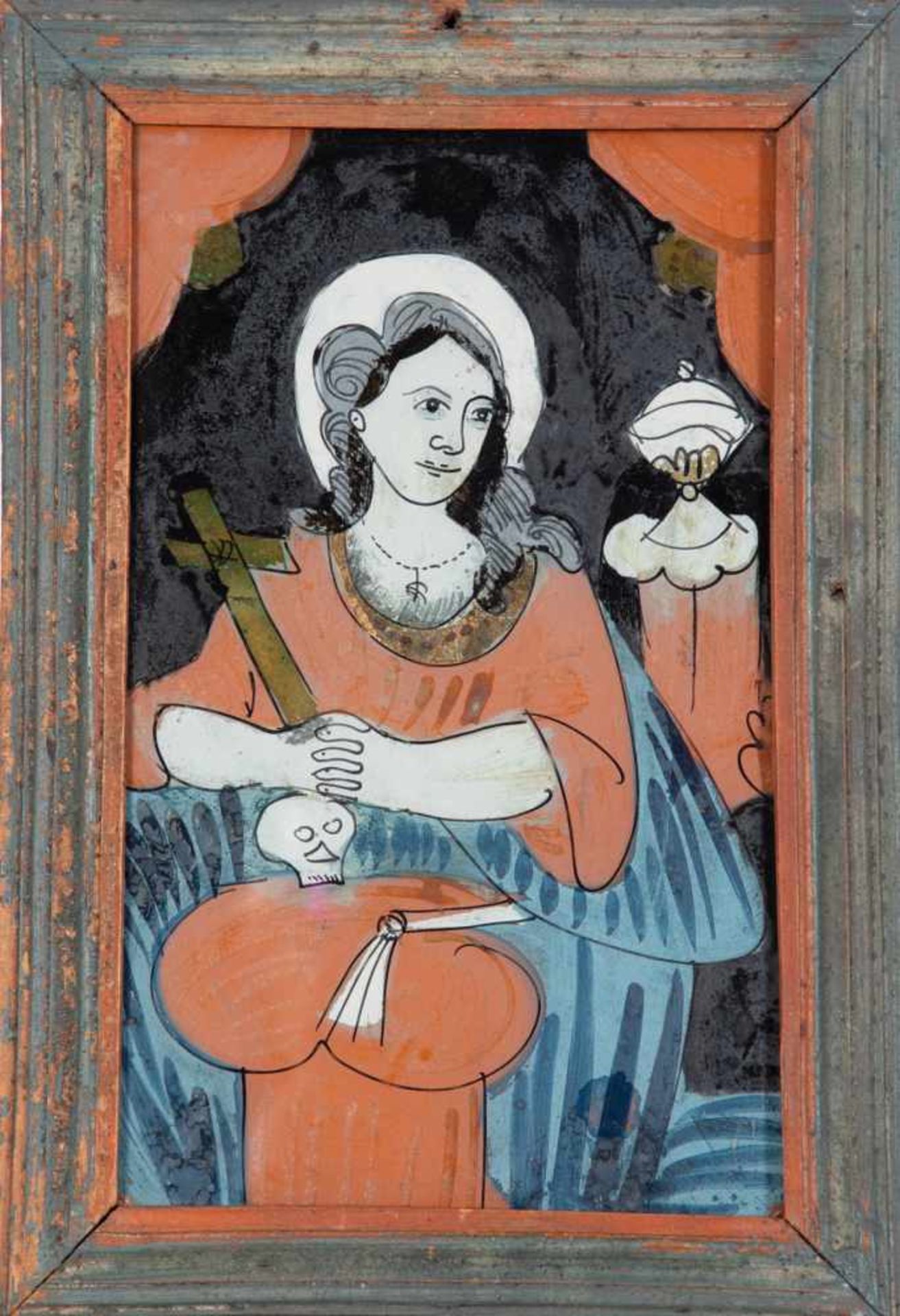Hinterglasbild mit der Hl. Maria MagdalenaRaimundsreut, A. 19. Jh. Schwarz konturierte, in Weiß-,