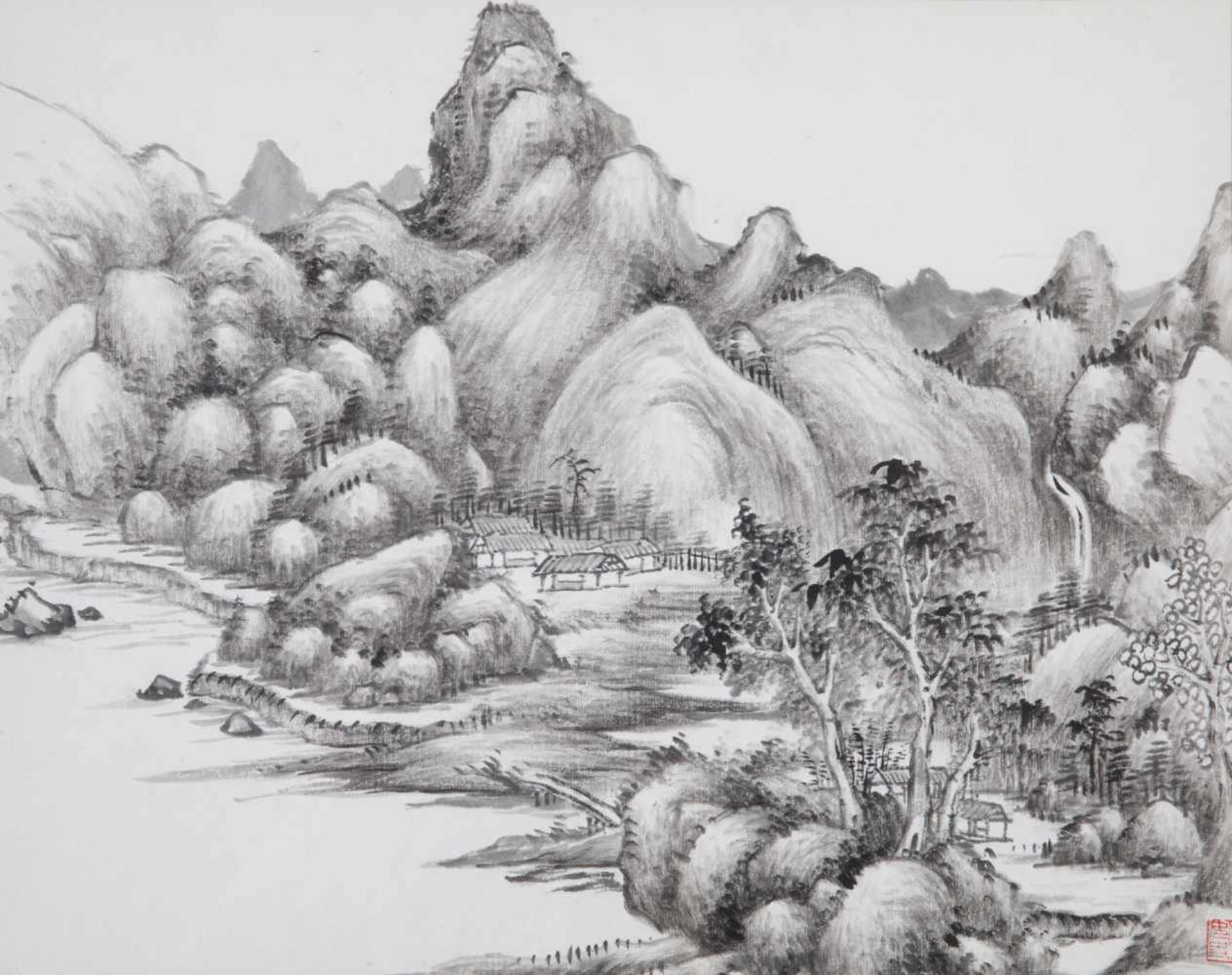 LandschafterChina, Guangxu 1875 - 1908 Hügelige Landschaft mit Dorf. Tusche auf Papier. Rechts unten