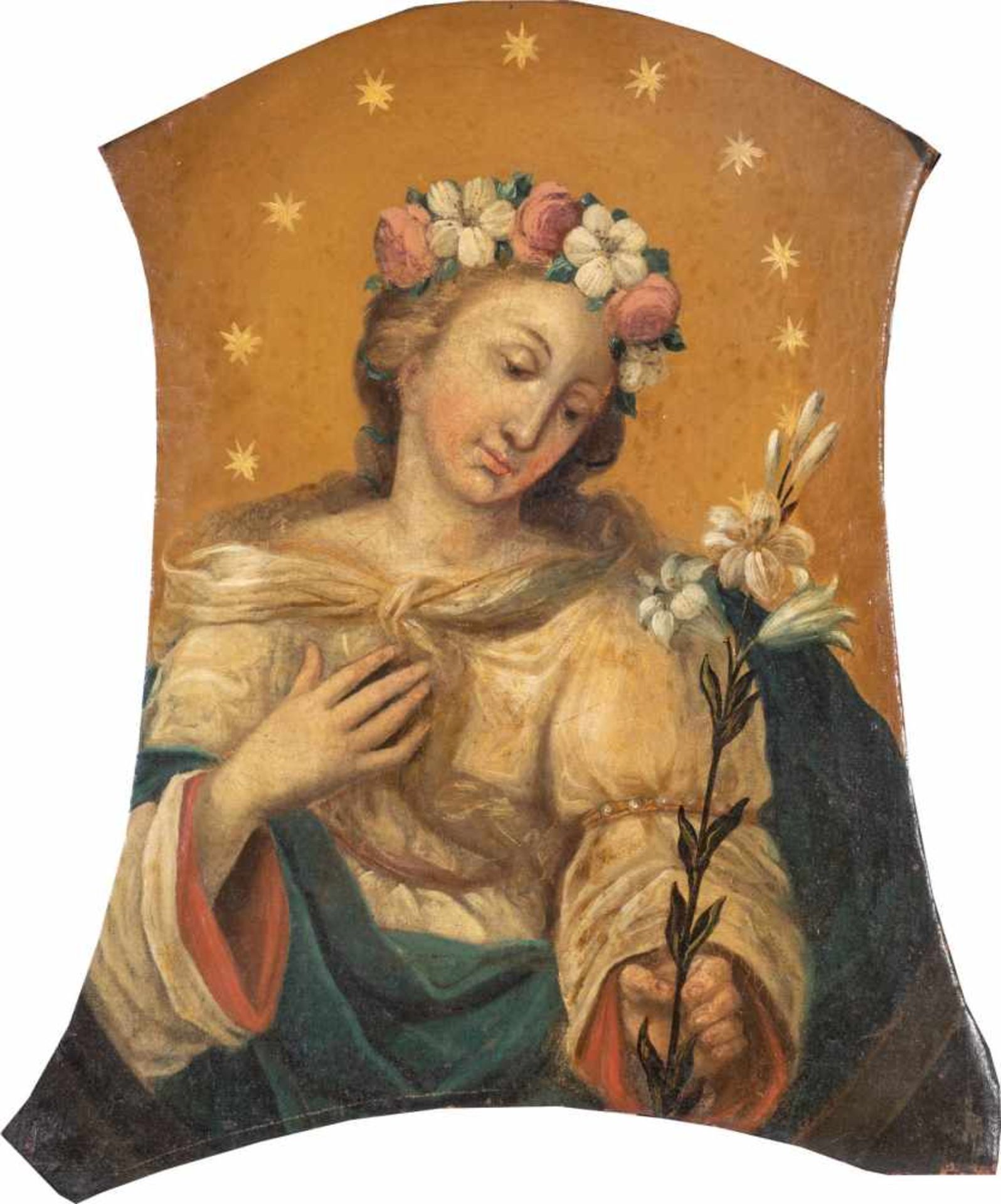 Holy Painter, Southern German, 18th century. Presentation of the Virgin Mary with flowerwreath and
