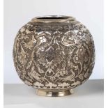 A silver bowl. Persia, late 19th century. On round stand. Body with embossed birdssurrounded by