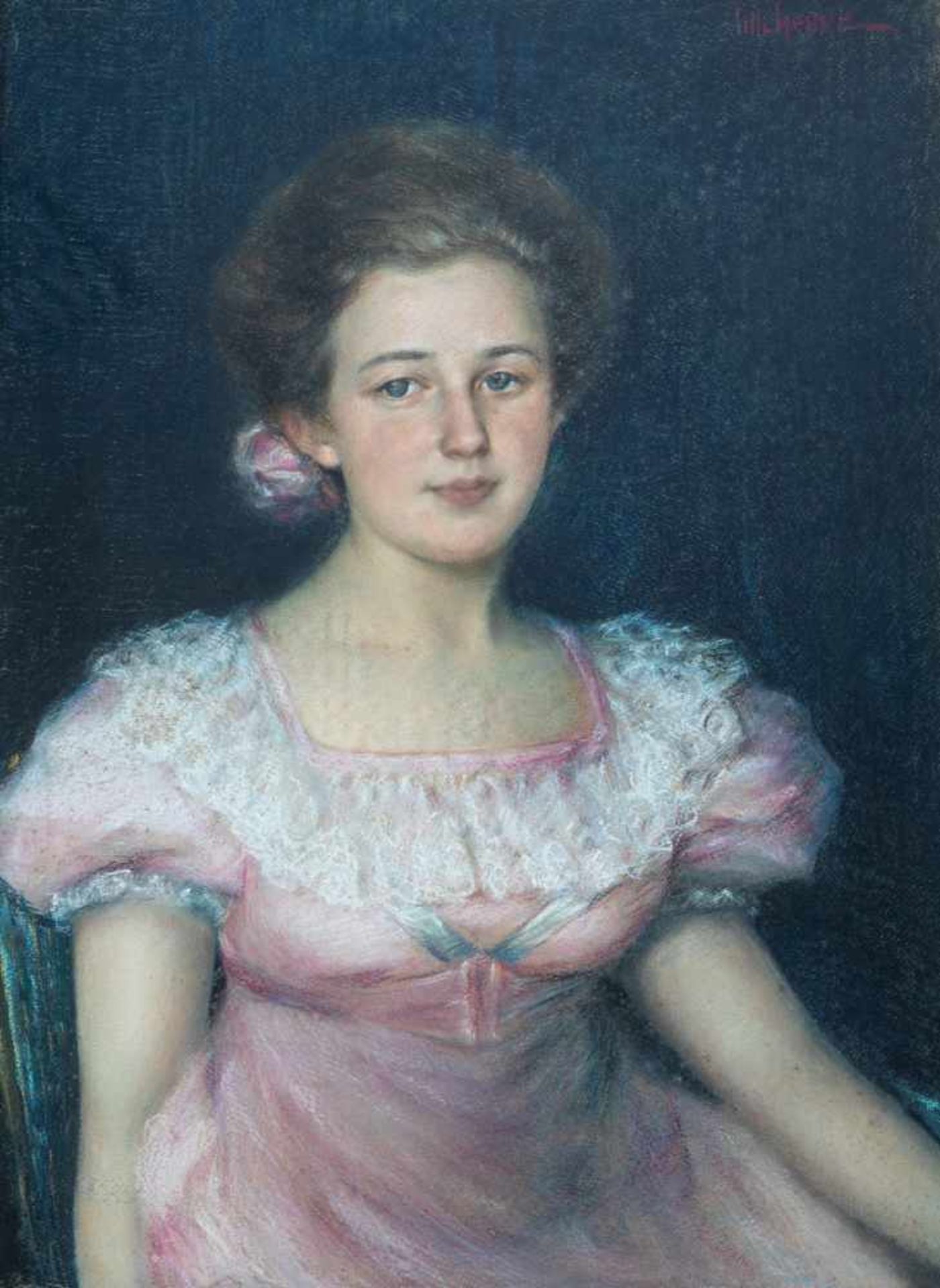 Lilli HesseDeutschland 19./20. Jahrhundert Porträt eines Mädchens in rosa Kleid mit Spitzenbesatz.