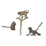 Three Unusual Brass Monkey Corkscrews,