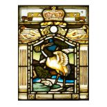 A Victorian Stained Glass Window Depicting a Stork & Crown,