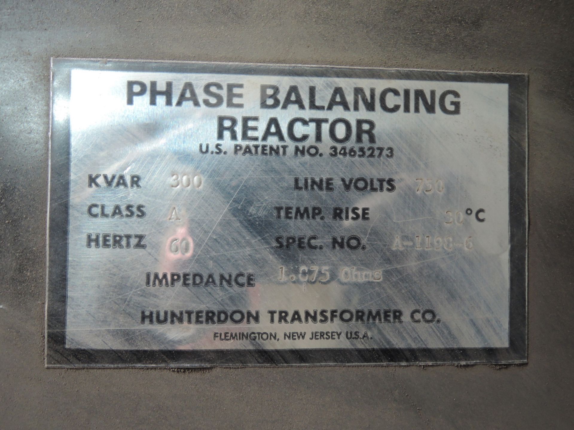 HUNTERDON KVAR 300, CLASS A, 60HZ, LN VOLTS 750, TEMP RISE 30C, SPEC NO. A1198-6, IMPENDANCE 1.875 - Image 3 of 3