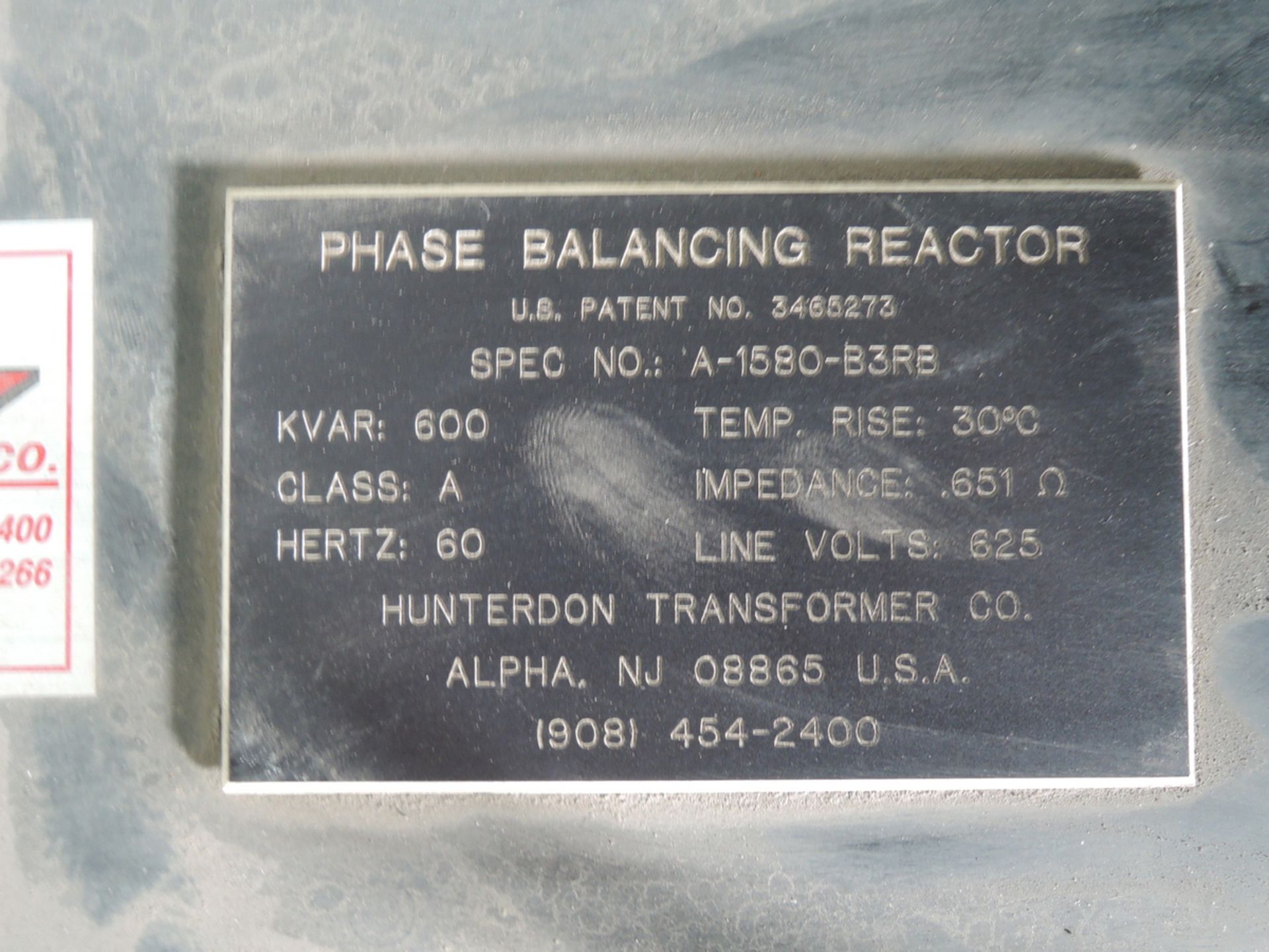 FURNACE REACTOR SPEC NO A-1580-B3RB 600 KVAR 60 HZ LINE VOLTS 625 - Image 2 of 3