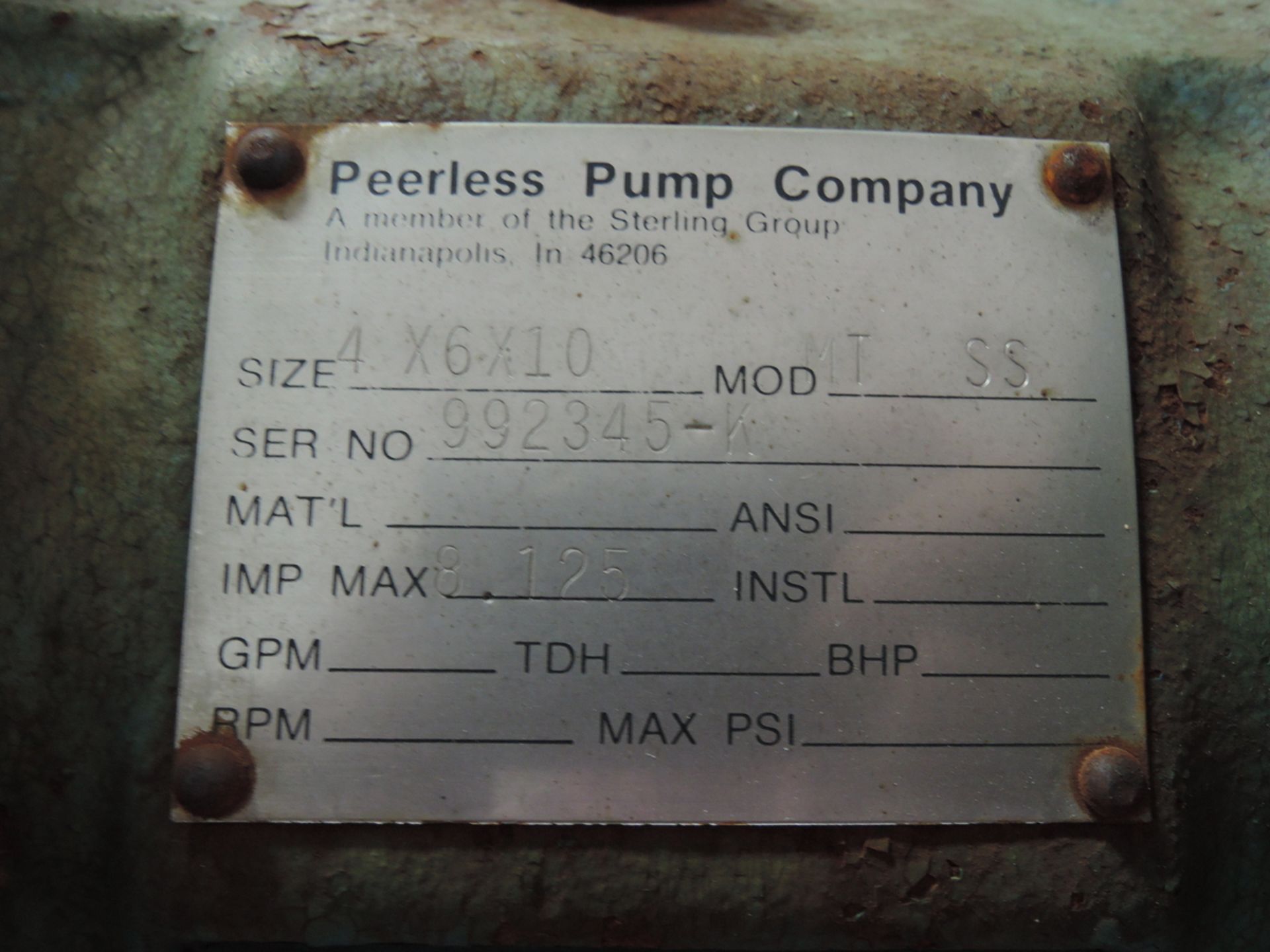 PEERLESS PUMP CO. MODEL: MT SS, S/N: 992345-K, SIZE: 4X6X10, 15HP MOTOR, 230/460 VOLTS - Image 3 of 4