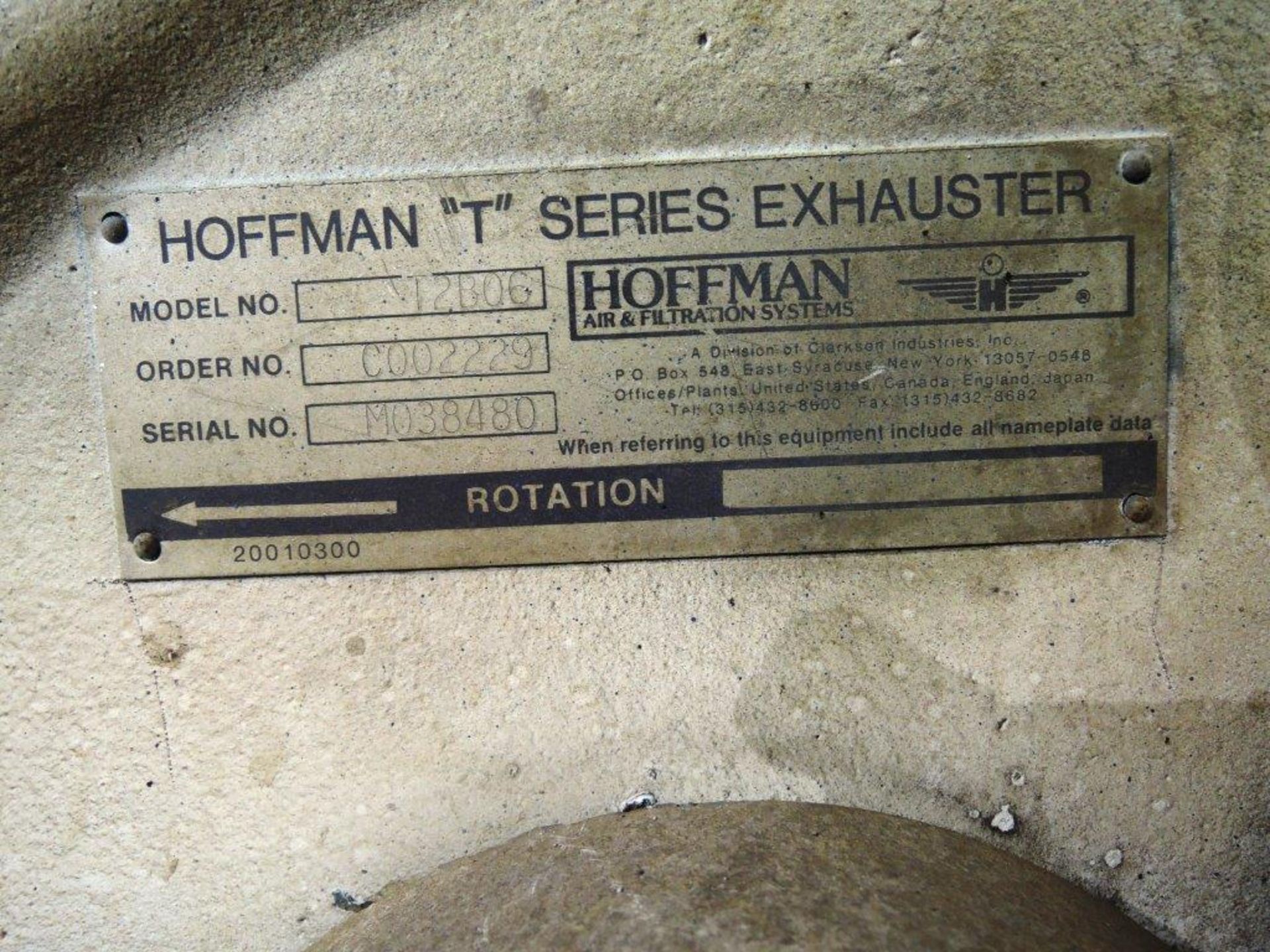 HOFFMAN MODEL T2B06 VACUUM BLOWER S/N M038480 25HP MOTOR, 230/460 VOLT - Image 2 of 3