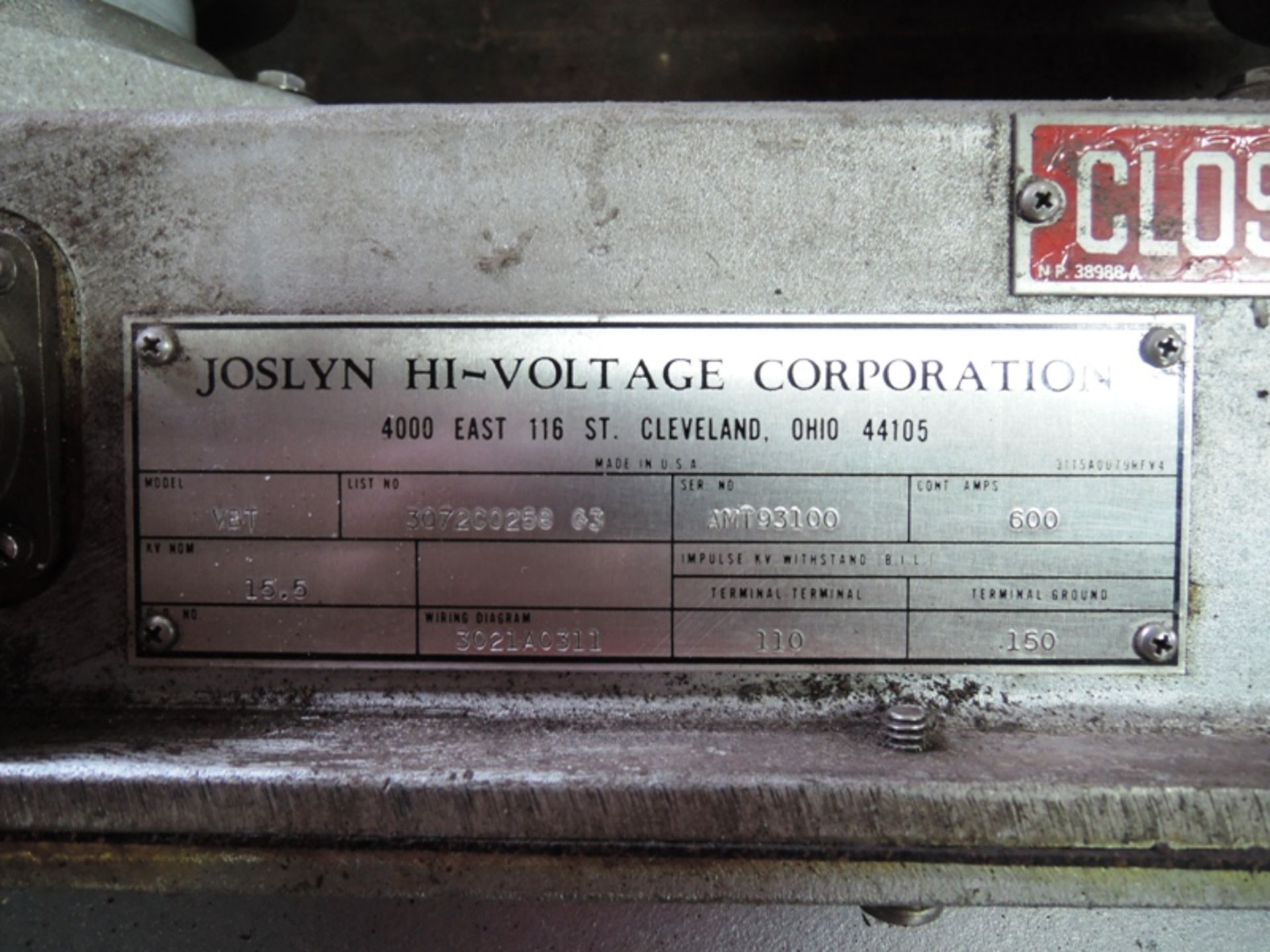 JOSLYN MODEL VBT CAT# 3072G0258-G3 600 AMP SWITCH S/N AMT93100, 15.5 KV