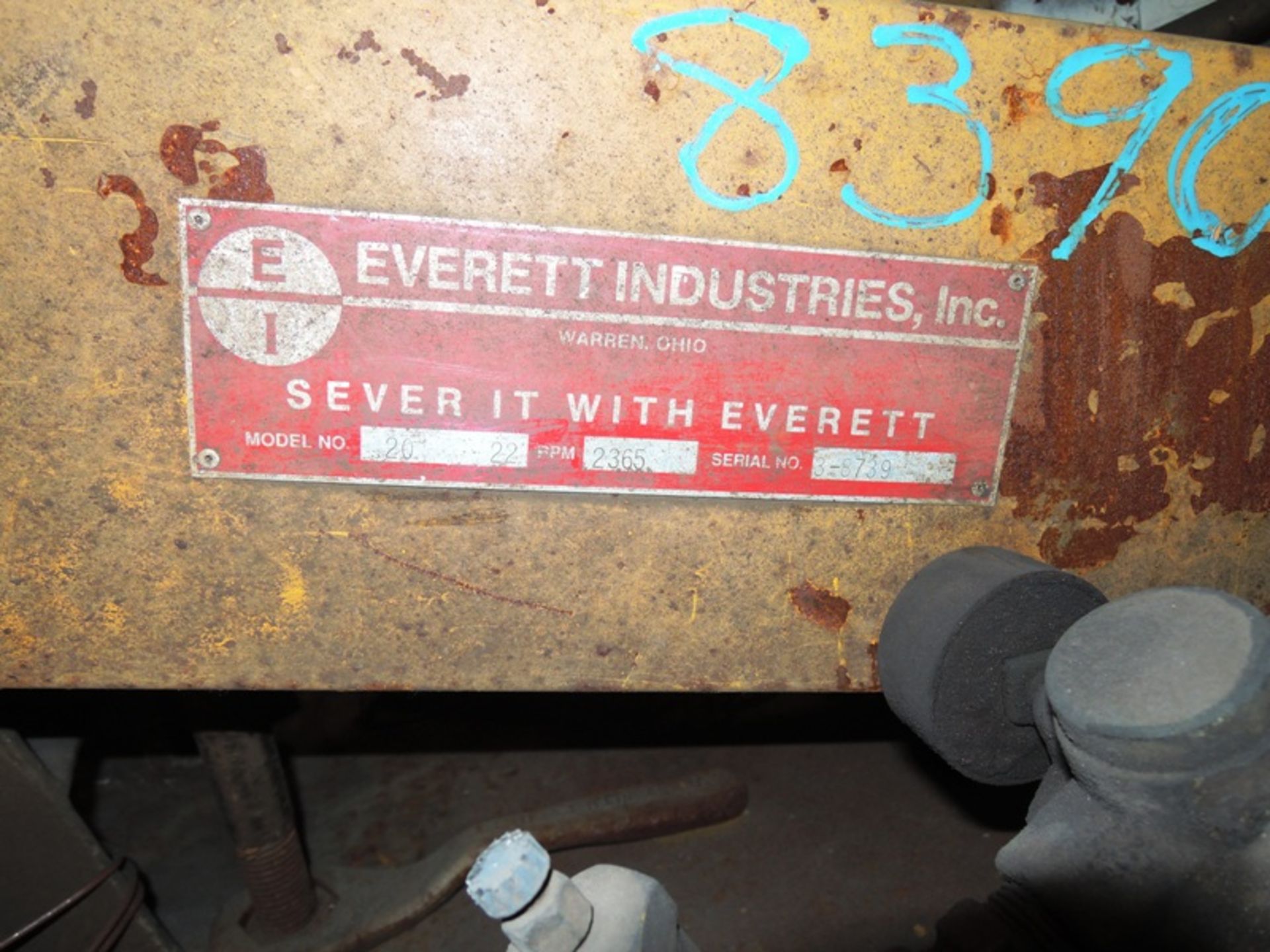 EVERETT MODEL 20-22 CHOP SAW S/N 739 WITH 10 HP DRIVE, 2365 RPM - Image 2 of 2
