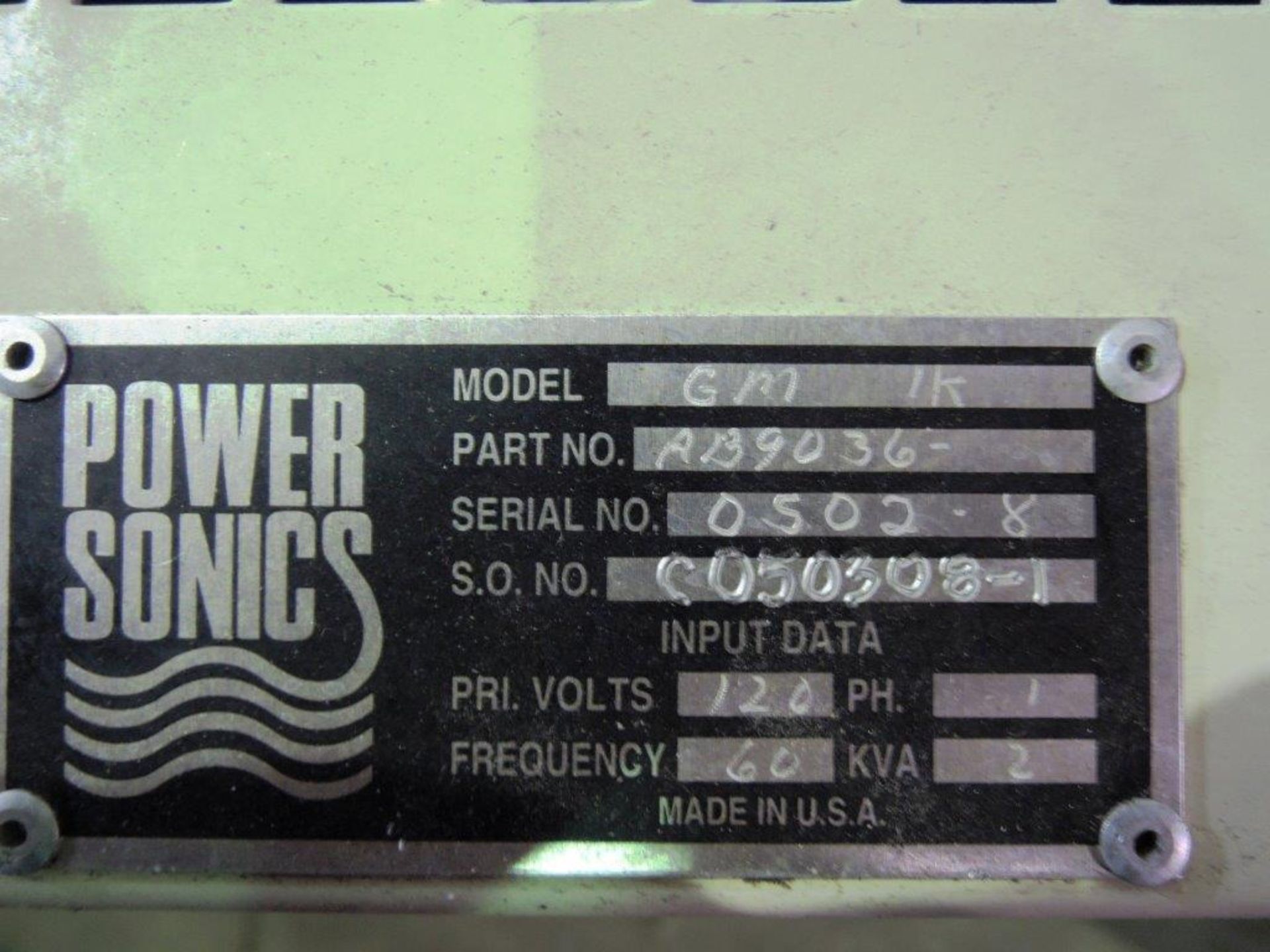 POWER SONICS ULTRASONIC WAX WELDER MODEL GM 1K S/N 0502-8, 120 VOLT, 60 HZ - Image 2 of 2