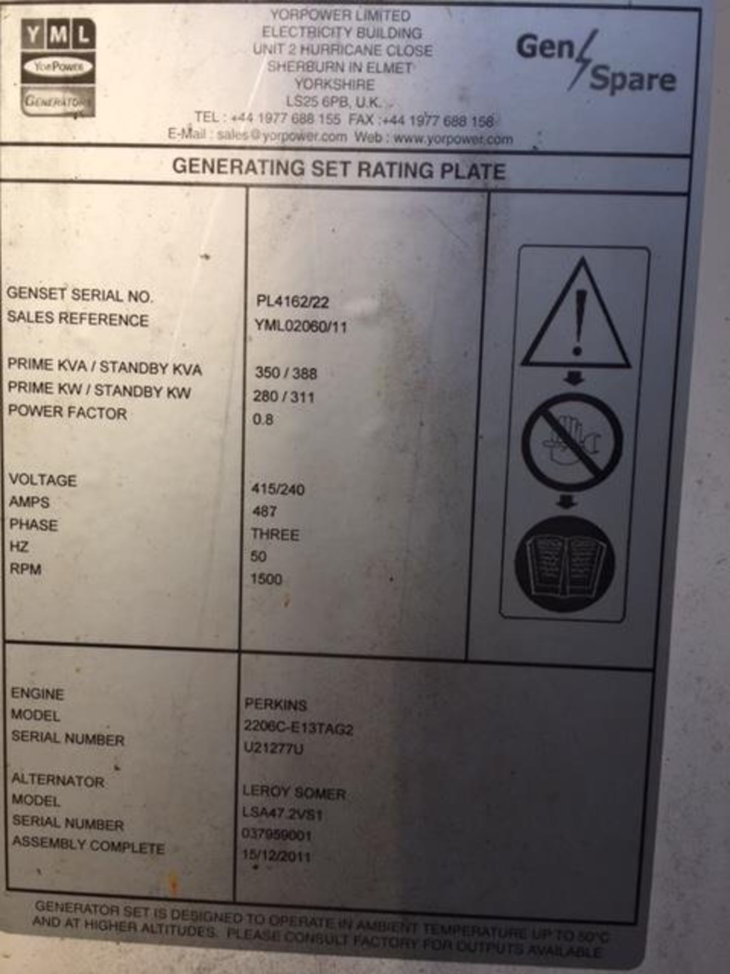 Genset Generator. 350 KVA. The generator has done 336hrs and is a Perkins engine - Image 9 of 10