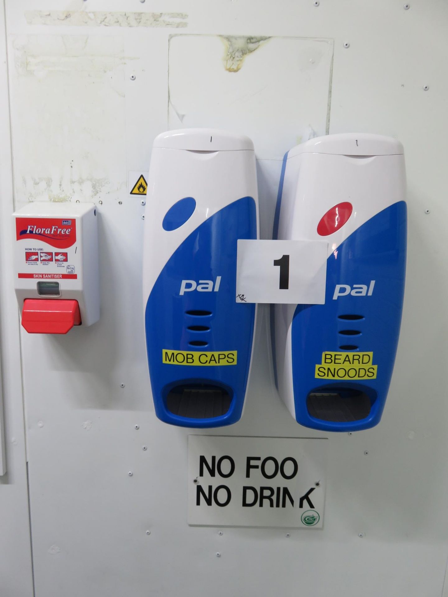 2 x PAL Dispensers for hair nets etc., 2 x Sanitisers. All wall mounted. Lift out £5