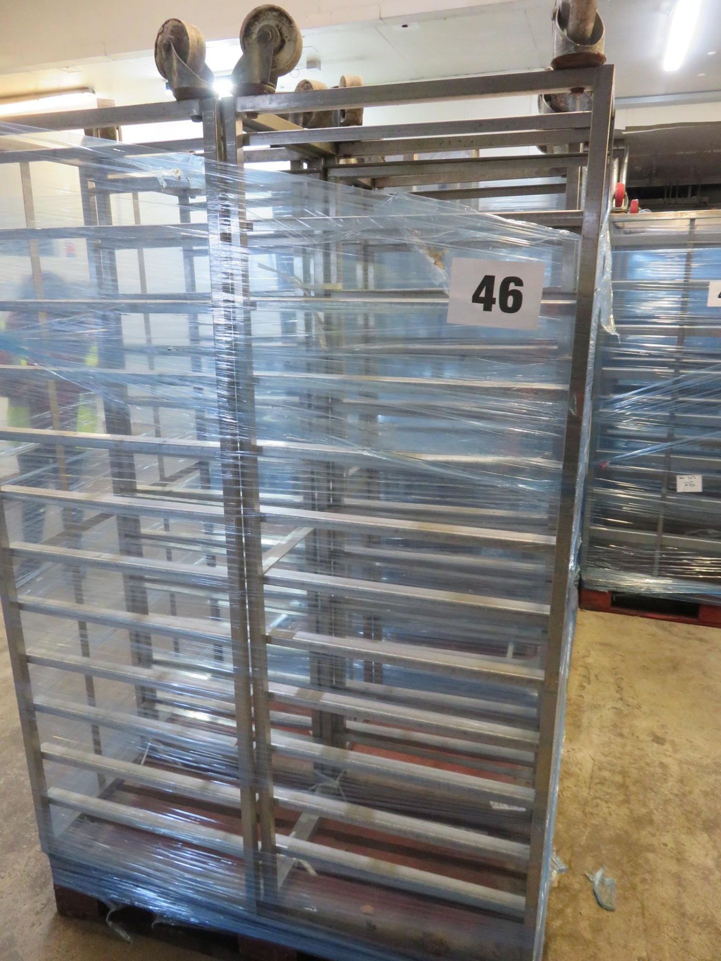 4 x S/s Racks capable of taking 12 trays. Approx. 430 x 650 x 1800mm high. On Wheels.LO£20