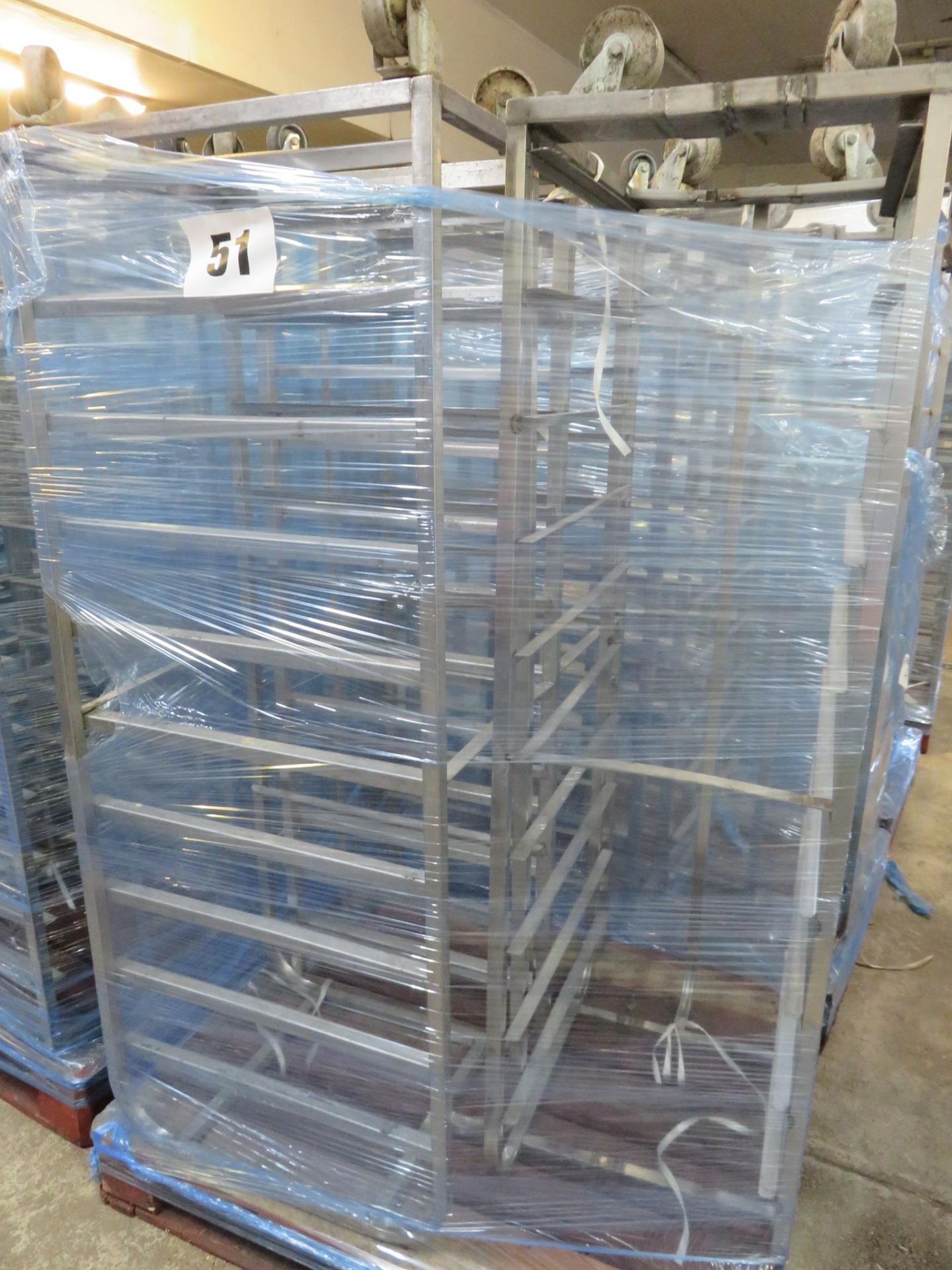 3 x S/s Racks:- 2x S/s Racks capable of taking 10 trays.Approx. 430 x 650 x 1800mm high.LO£20