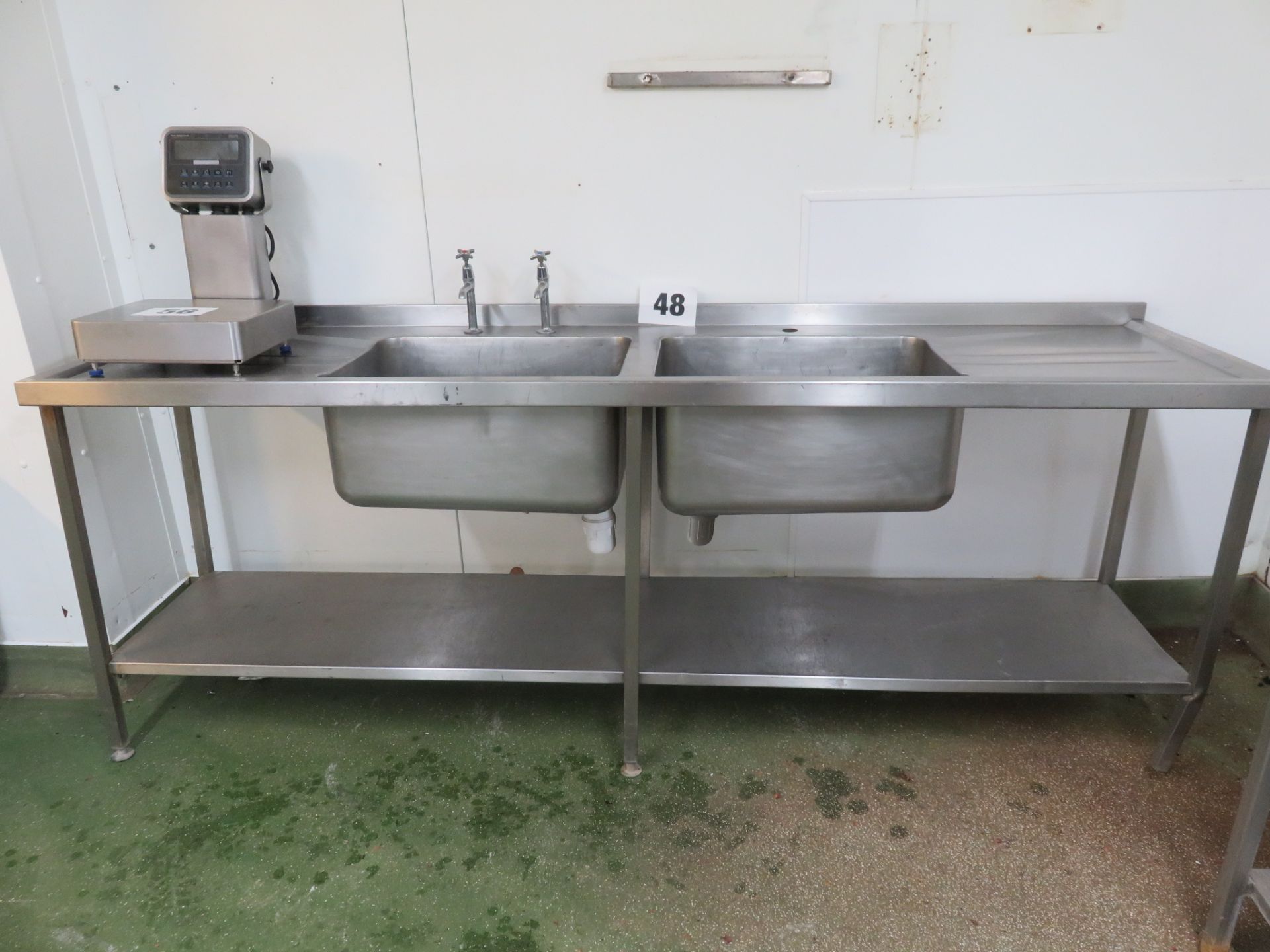 S/s Double Sink unit with 2 draining boards. with shelf. 2400mm long x 650mm deep. Lift out £10