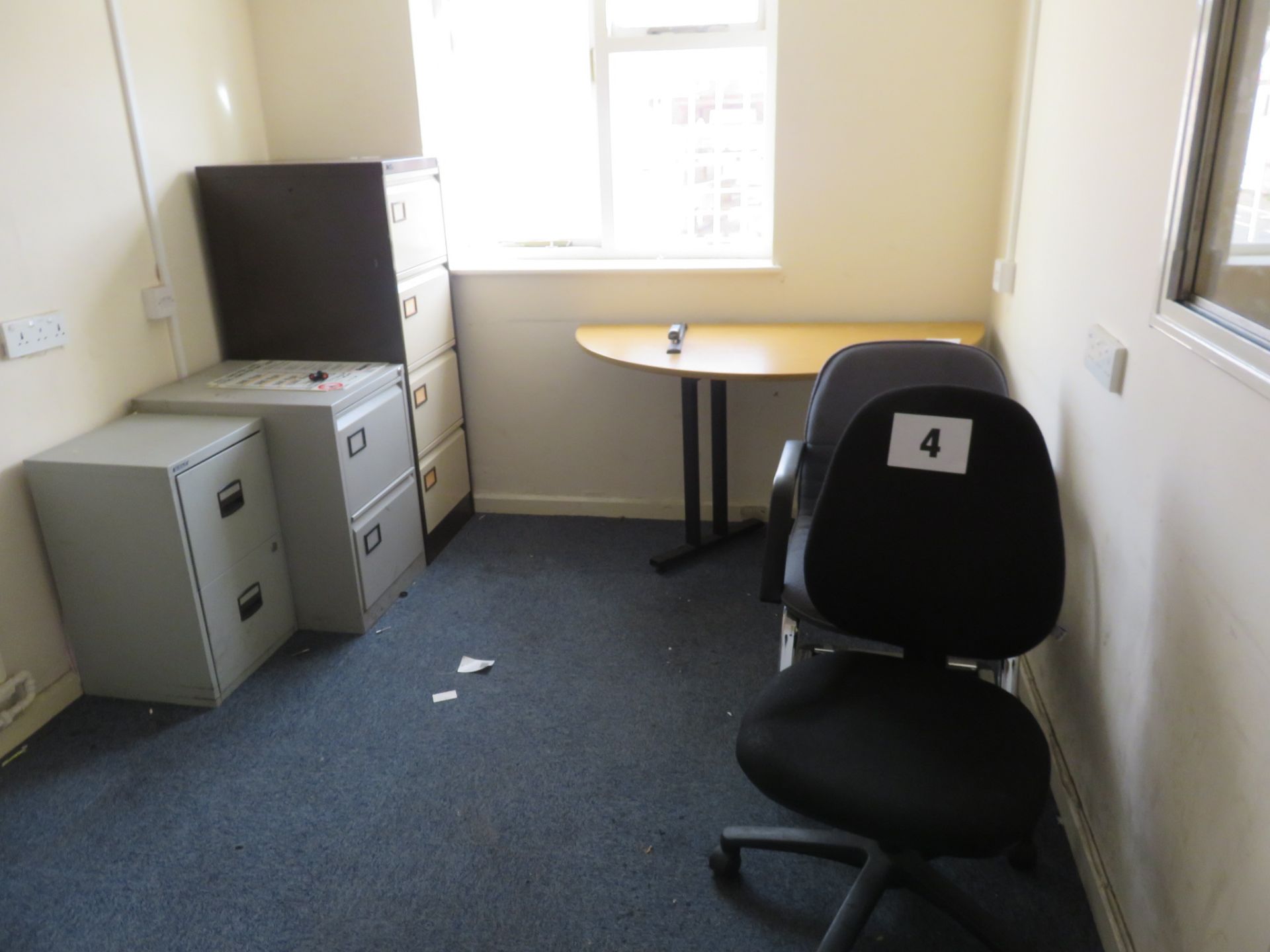 Table half moon shape, 2 x chairs, 3 filling cabinets: 4, 2 & 2 draws. Lift out £15