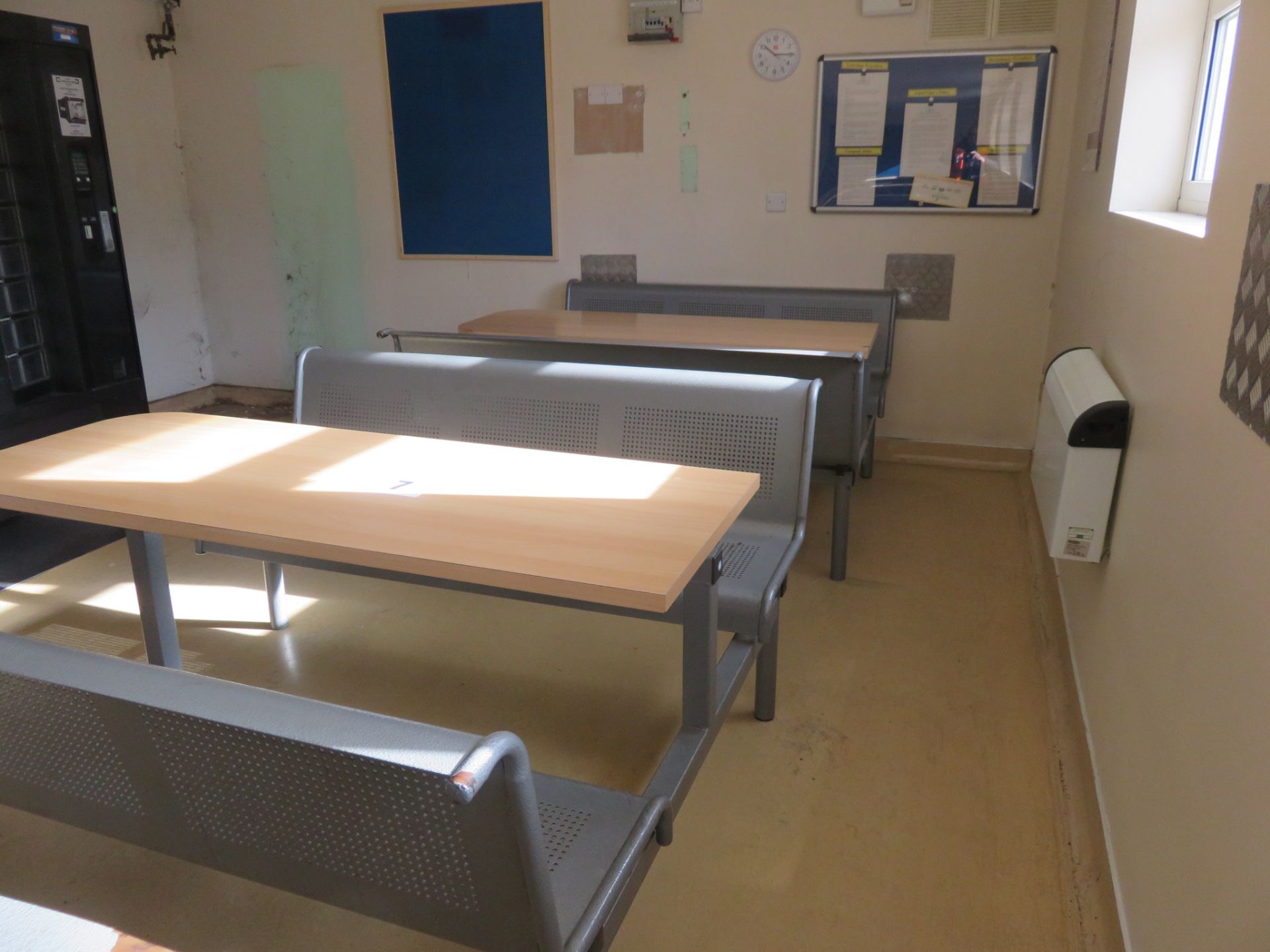 2 x Canteen tables with benches either side. Approx. 1.6 table length x overall 1.8 wid Lift out £10 - Image 2 of 3