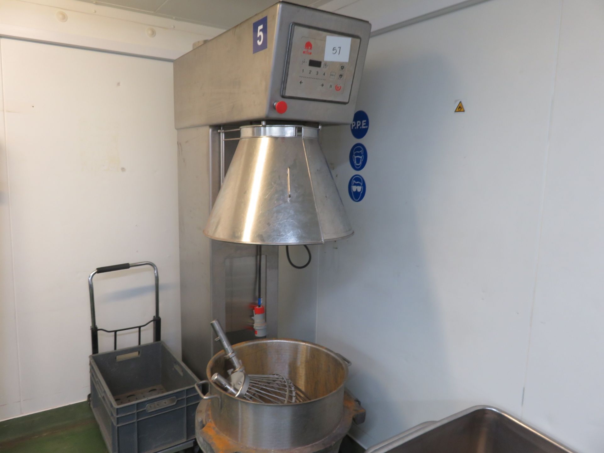 Bear 140qrt Mixer S/s with S/s Bowl and 2 new whisk & Scraper with bowl trolley. (part Lift out £60 - Image 2 of 2