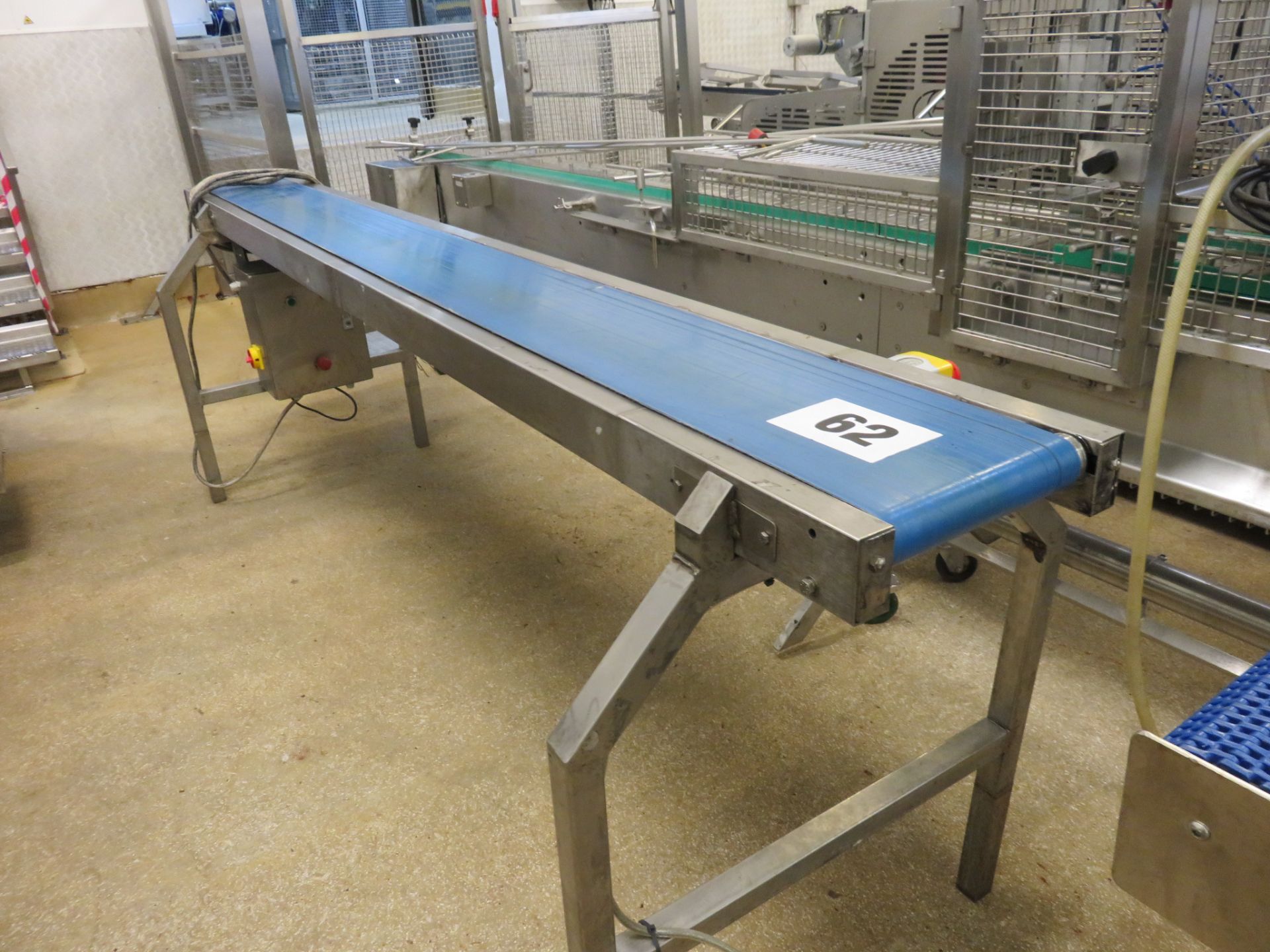 Conveyor S/s. 3 meters long x 250mm wide blue neoprene belt. Fixed speed. Lift out £30