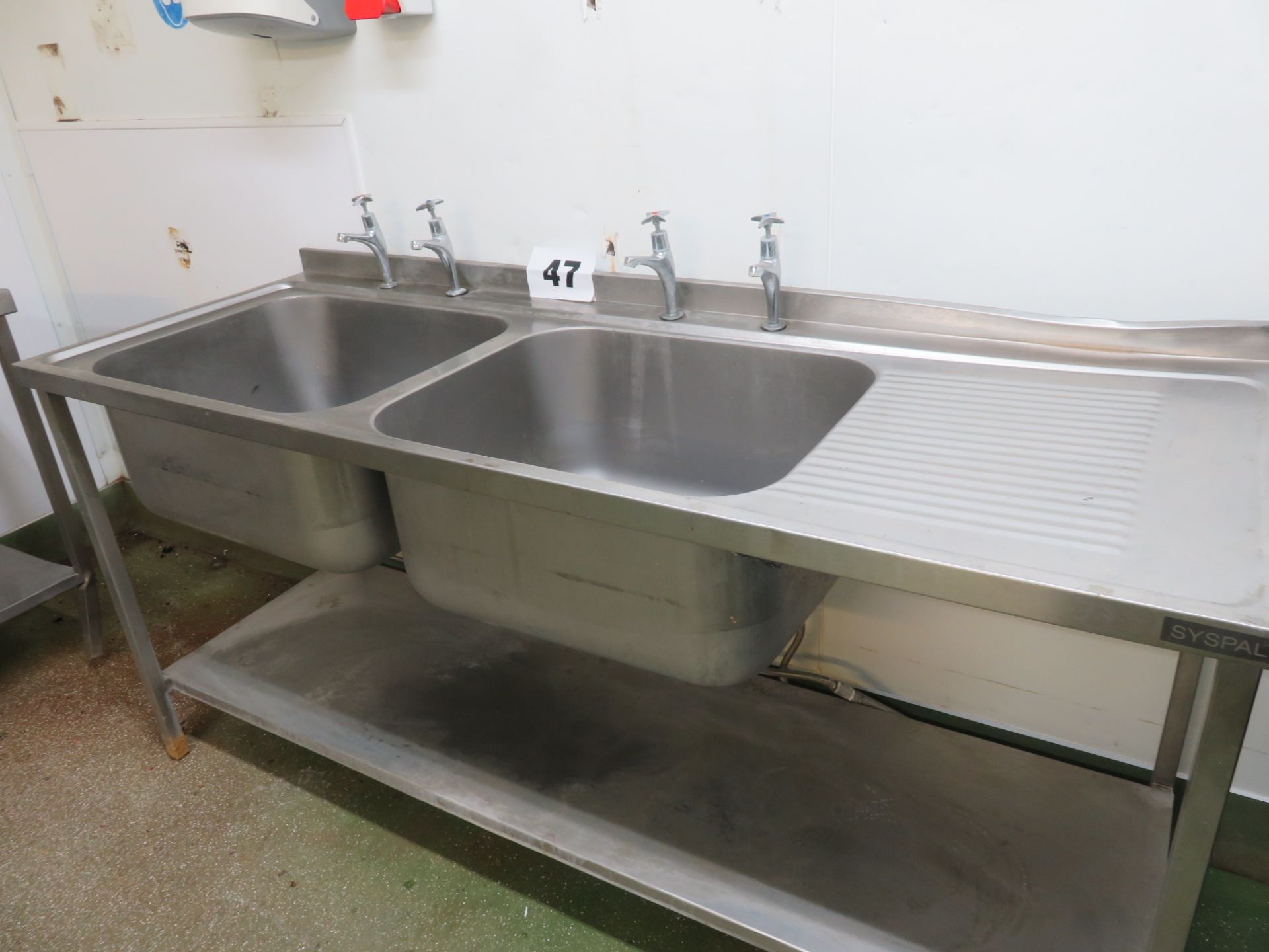 Syspal S/s Double Sink unit with draining board with shelf. Overall 1800mm long x 650mm Lift out £10