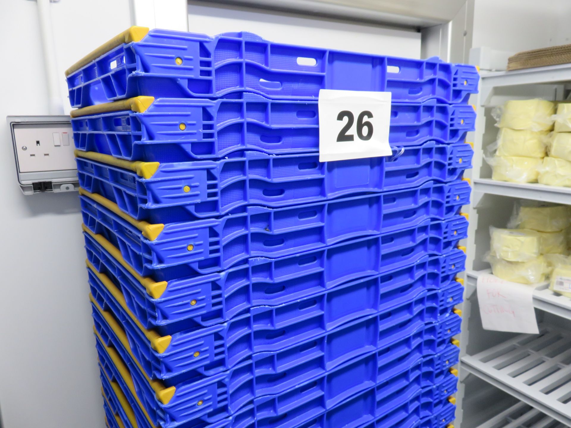 22 blue interlocking plastic baskets 230mm deep x 570 x 375mm with 3 x dollies. LO £15.