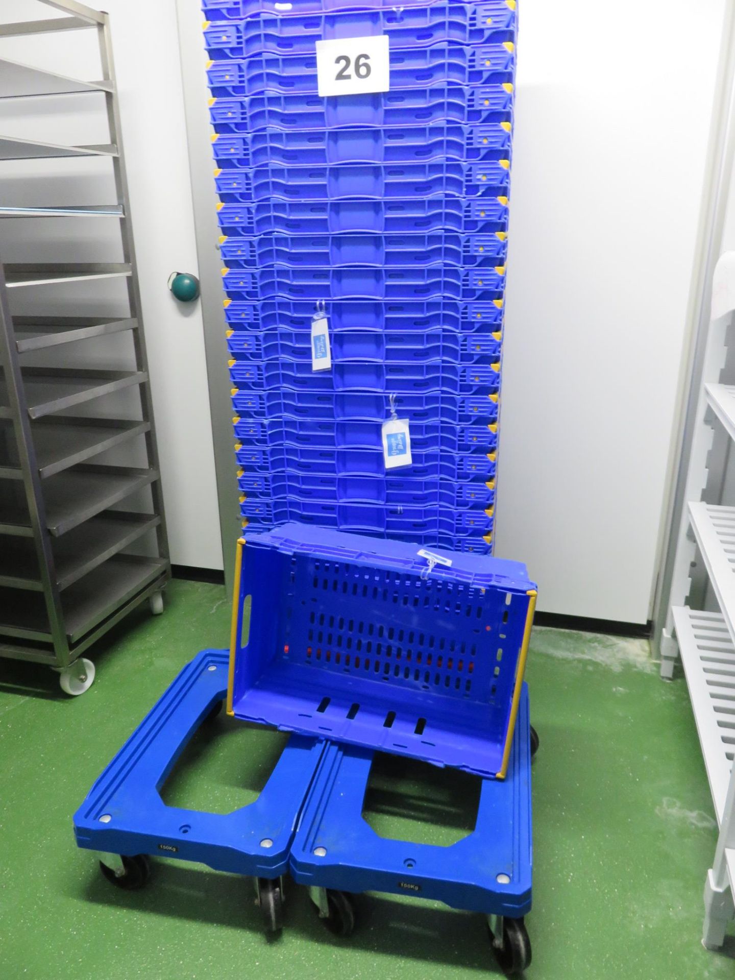 22 blue interlocking plastic baskets 230mm deep x 570 x 375mm with 3 x dollies. LO £15. - Image 2 of 4