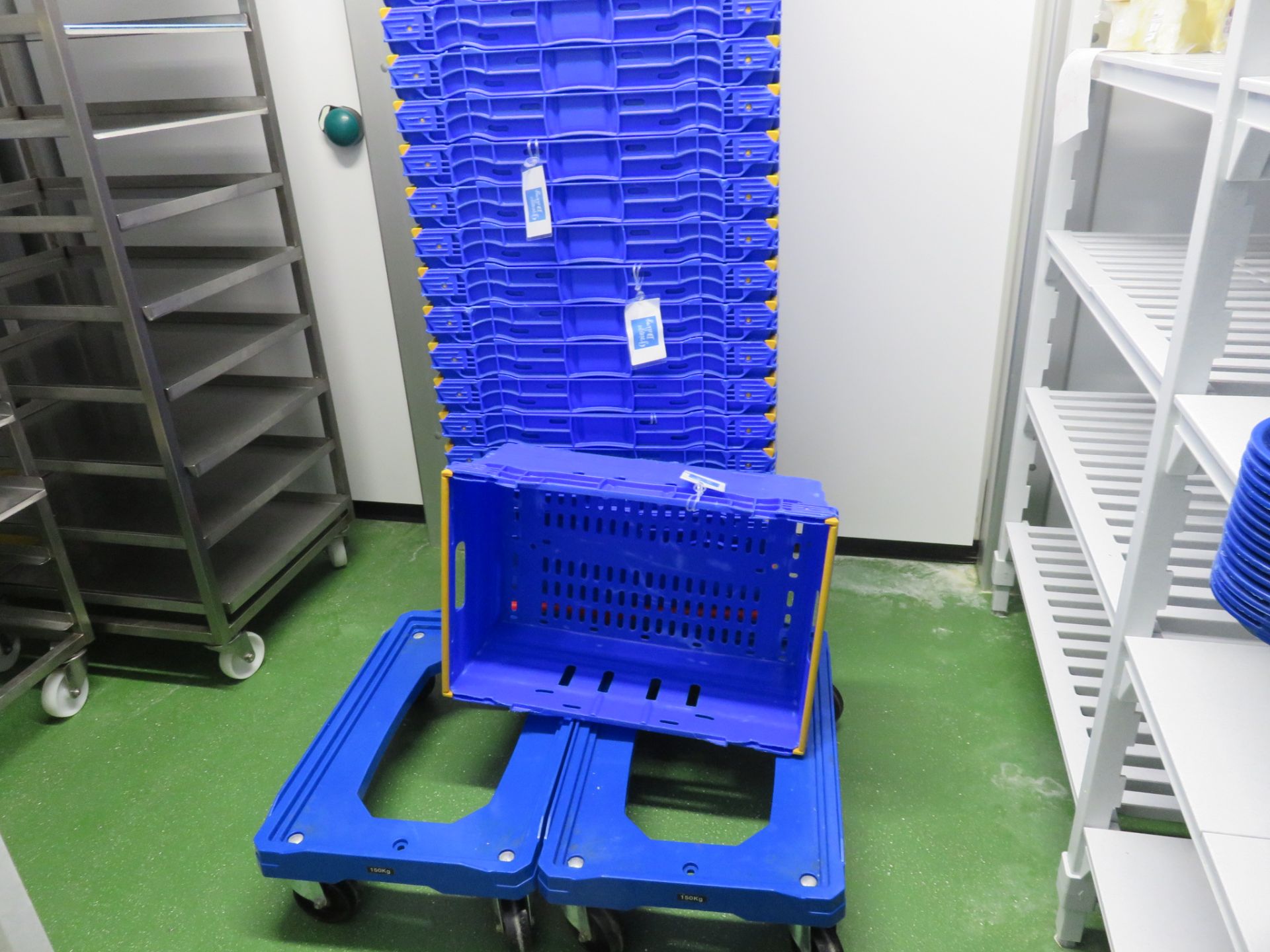22 blue interlocking plastic baskets 230mm deep x 570 x 375mm with 3 x dollies. LO £15. - Image 3 of 4