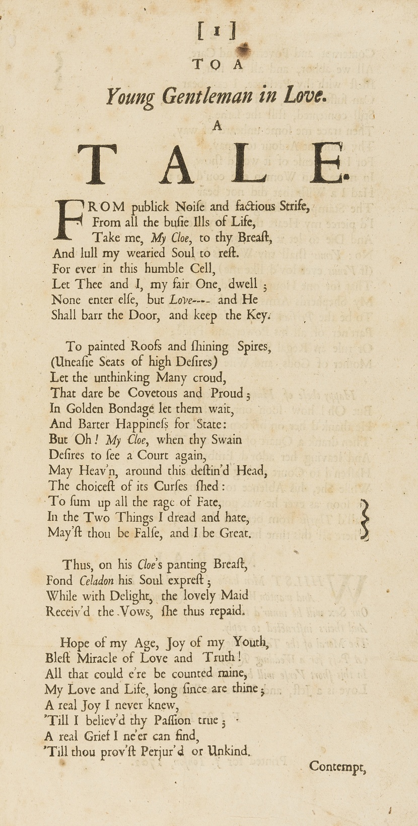 Prior (Matthew) To a Young Gentleman in Love. A Tale, first edition, Printed for J. Tonson, 1702.