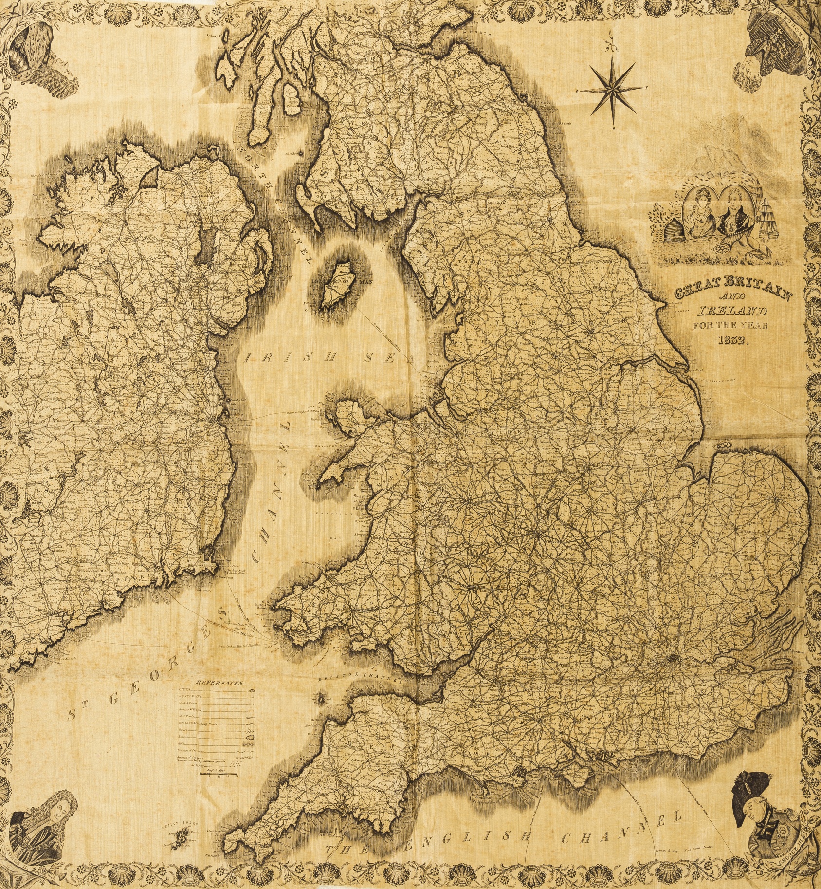 Silk Map.- Great Britain and Ireland for the Year, map printed on silk, 1832.