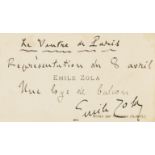 Zola (Émile) Autograph card signed, admission ticket to the dramatisation of Zola's novel Le …