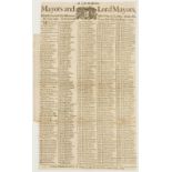 Broadside.- London.- A list of all the mayors and lord mayors, that governed this honourable city …