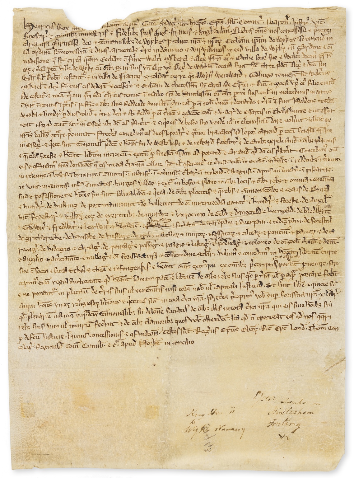 Henry II.- Copy of a forged charter to the nunnery of Wix, manuscript in Latin, on vellum, 1285.