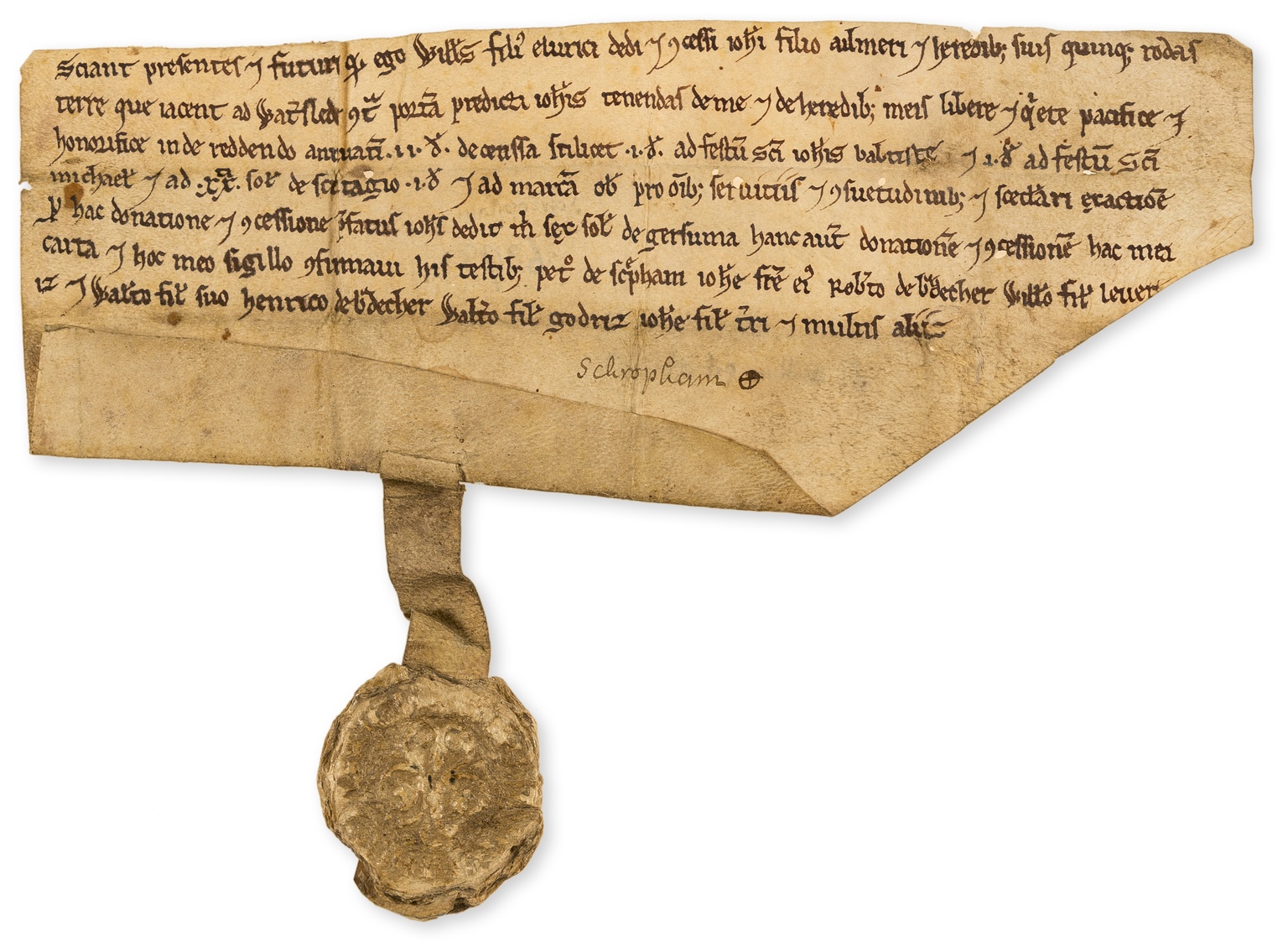 Norfolk, Shropham.- Charter of William son of Eluric to John son of Aylmer, leasing land at …