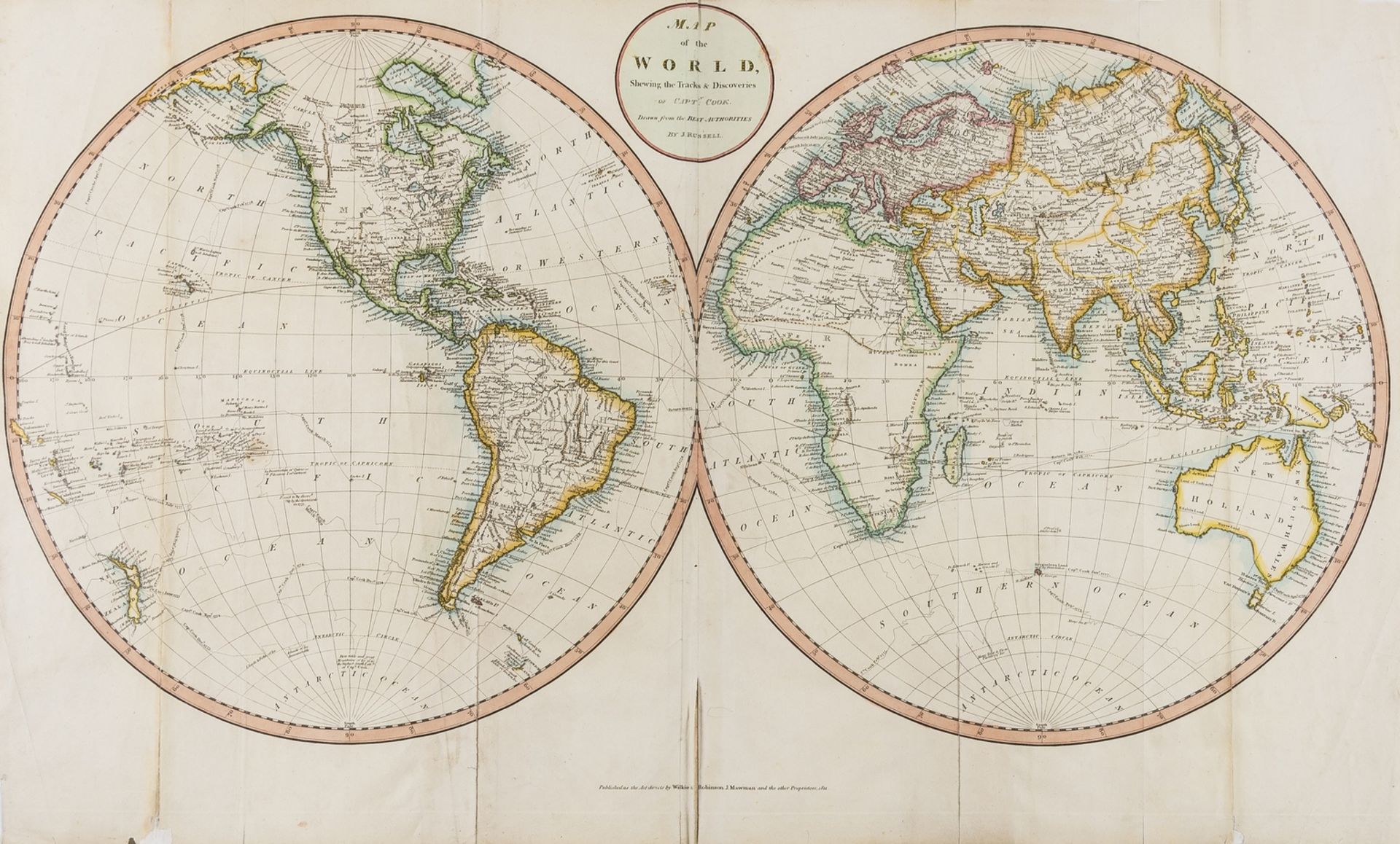 World.- Capt. James Cook.- Russell (John) Map of the World Shewing the Tracks & Discoveries of …