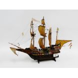 Miniature model of a triple masted sailing ship, 33cm high