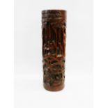 Chinese bamboo brush pot carved with figures and trees, 34cm tall