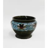 Chinese bronze bowl with Cloisonne enameled floral border and seal mark to the base, 12cm high
