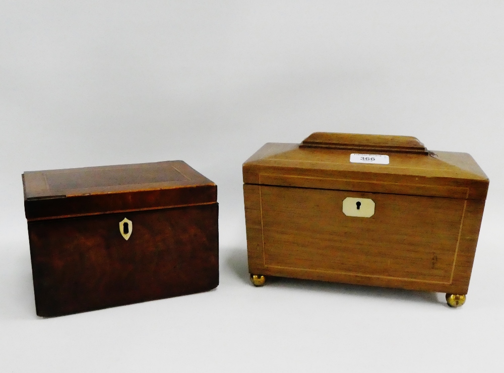 Mahogany and inlaid tea caddy on four brass bun feet, together with another, (2)